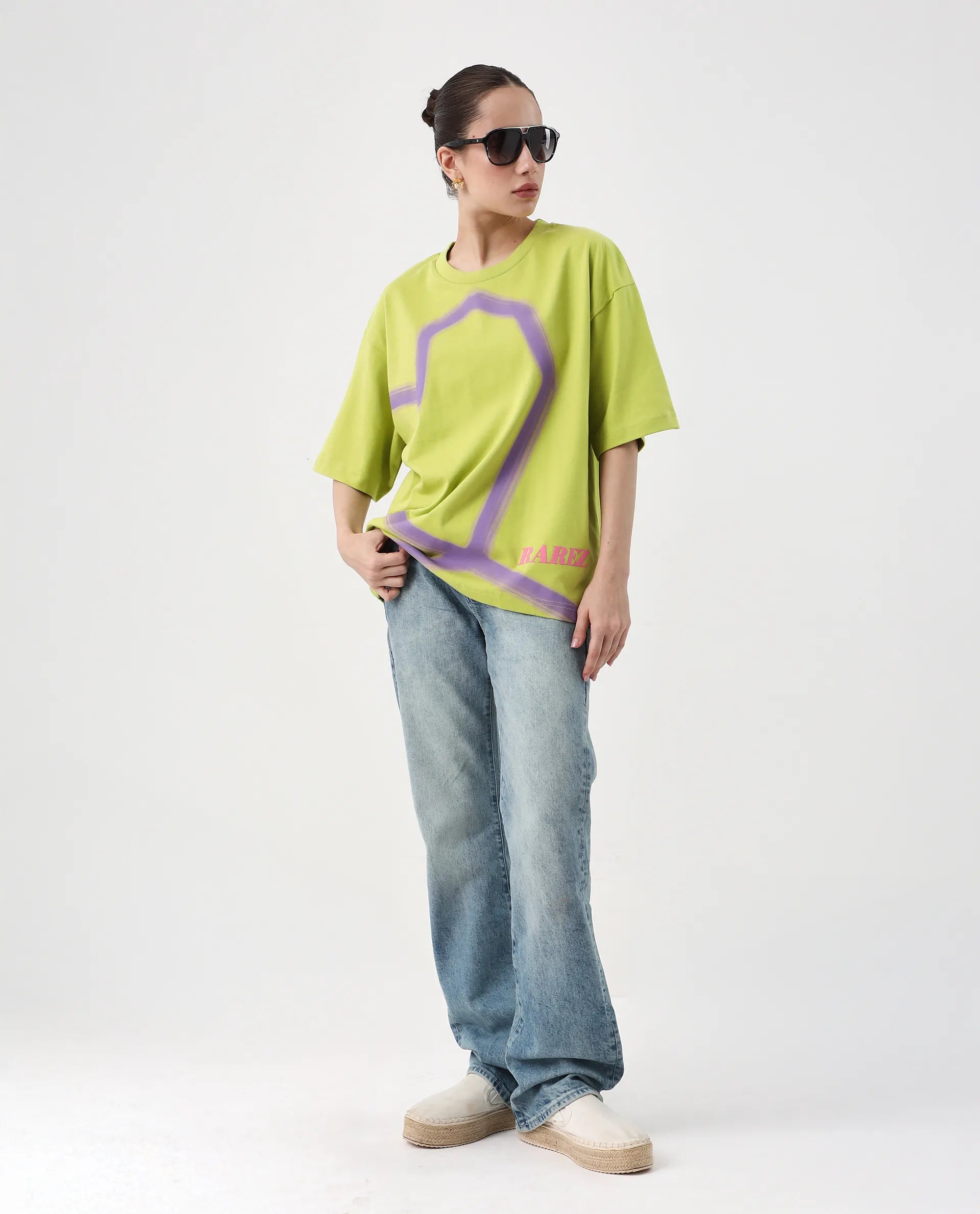 Rareism Women's Zelzo Green Cotton Graphic Print Oversized T-Shirt