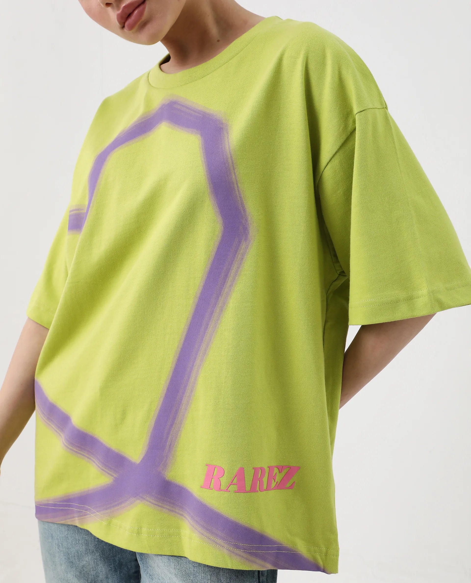 Rareism Women's Zelzo Green Cotton Graphic Print Oversized T-Shirt