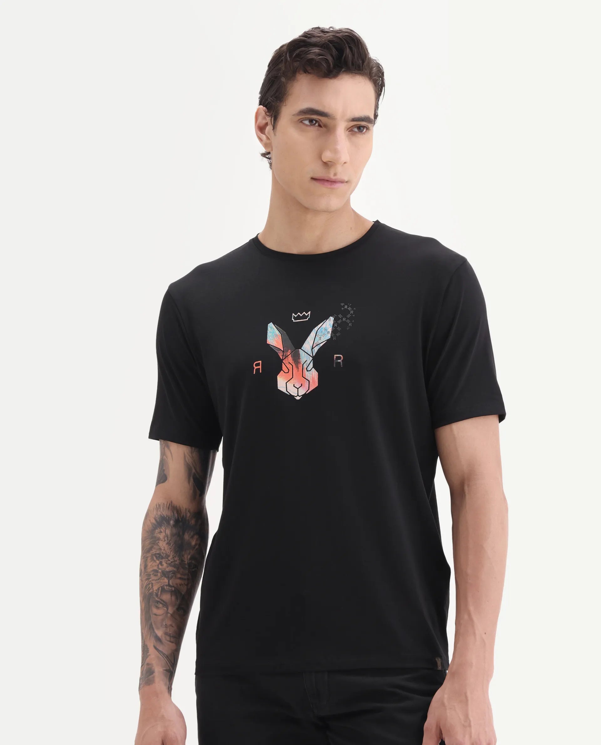 Rare Rabbit Men's Zemi Black Cotton Blend Graphic Print Regular Fit Half Sleeve Crew Neck T-Shirt