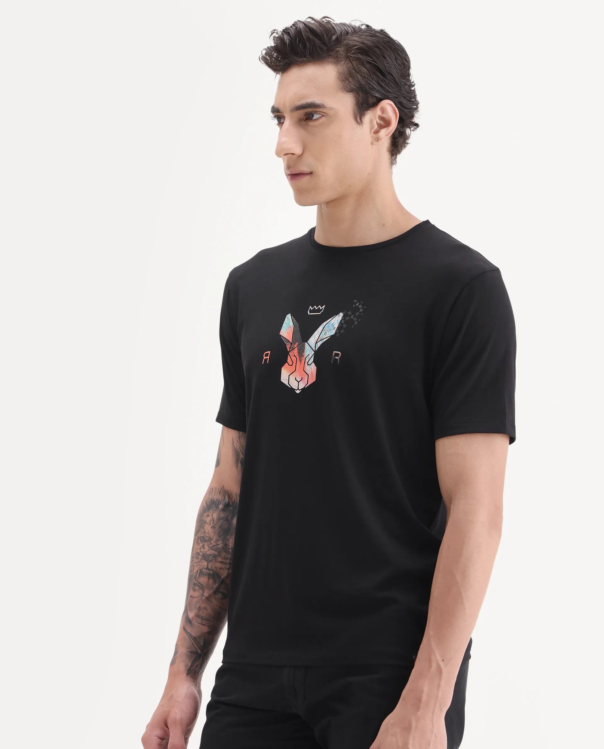 Rare Rabbit Men's Zemi Black Cotton Blend Graphic Print Regular Fit Half Sleeve Crew Neck T-Shirt