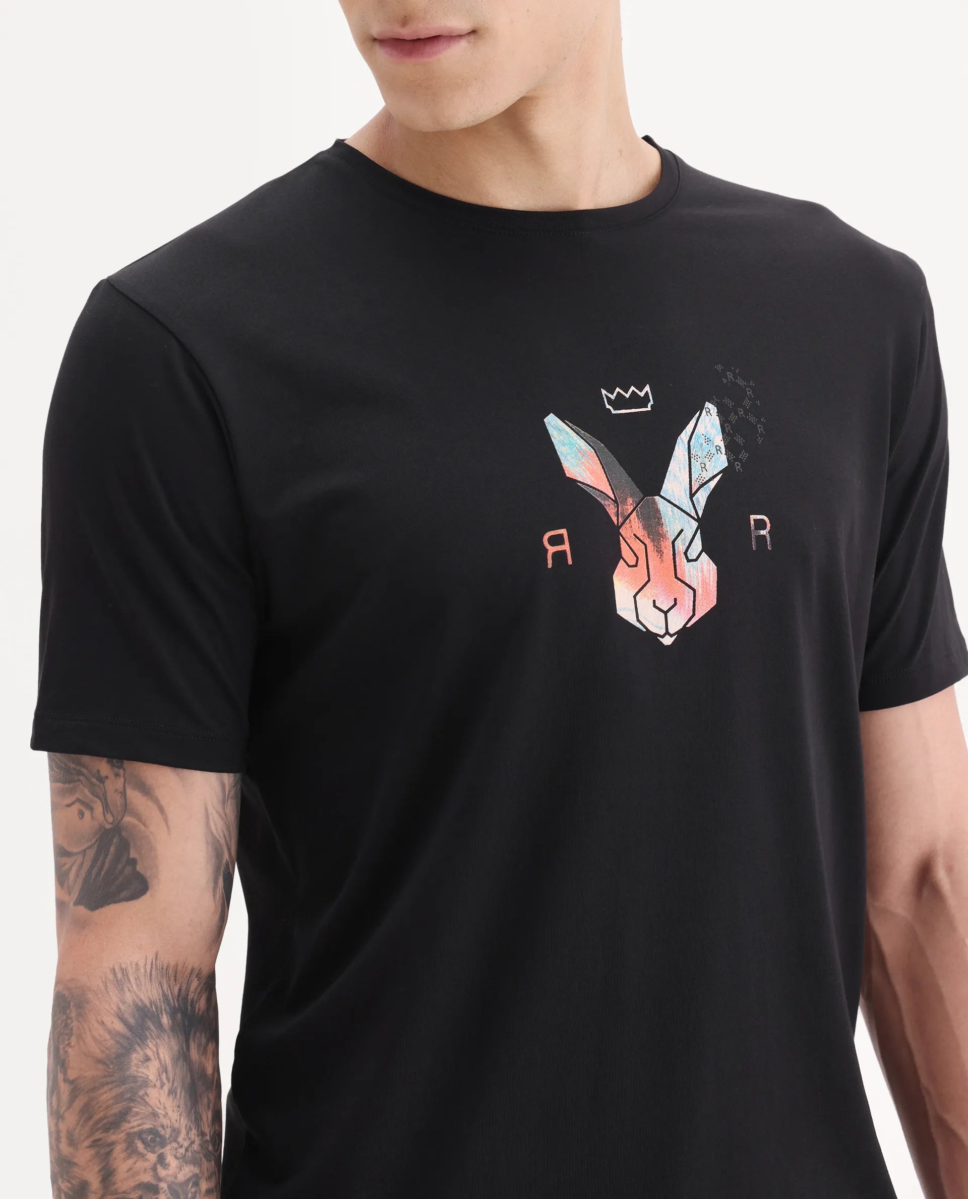 Rare Rabbit Men's Zemi Black Cotton Blend Graphic Print Regular Fit Half Sleeve Crew Neck T-Shirt