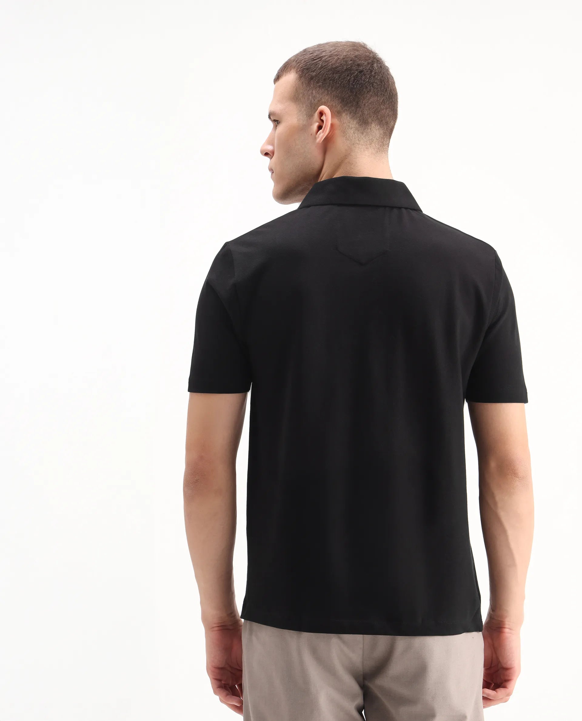 Rare Rabbit Men's Zeni Black Cotton Plain Regular Fit Half Sleeve Polo