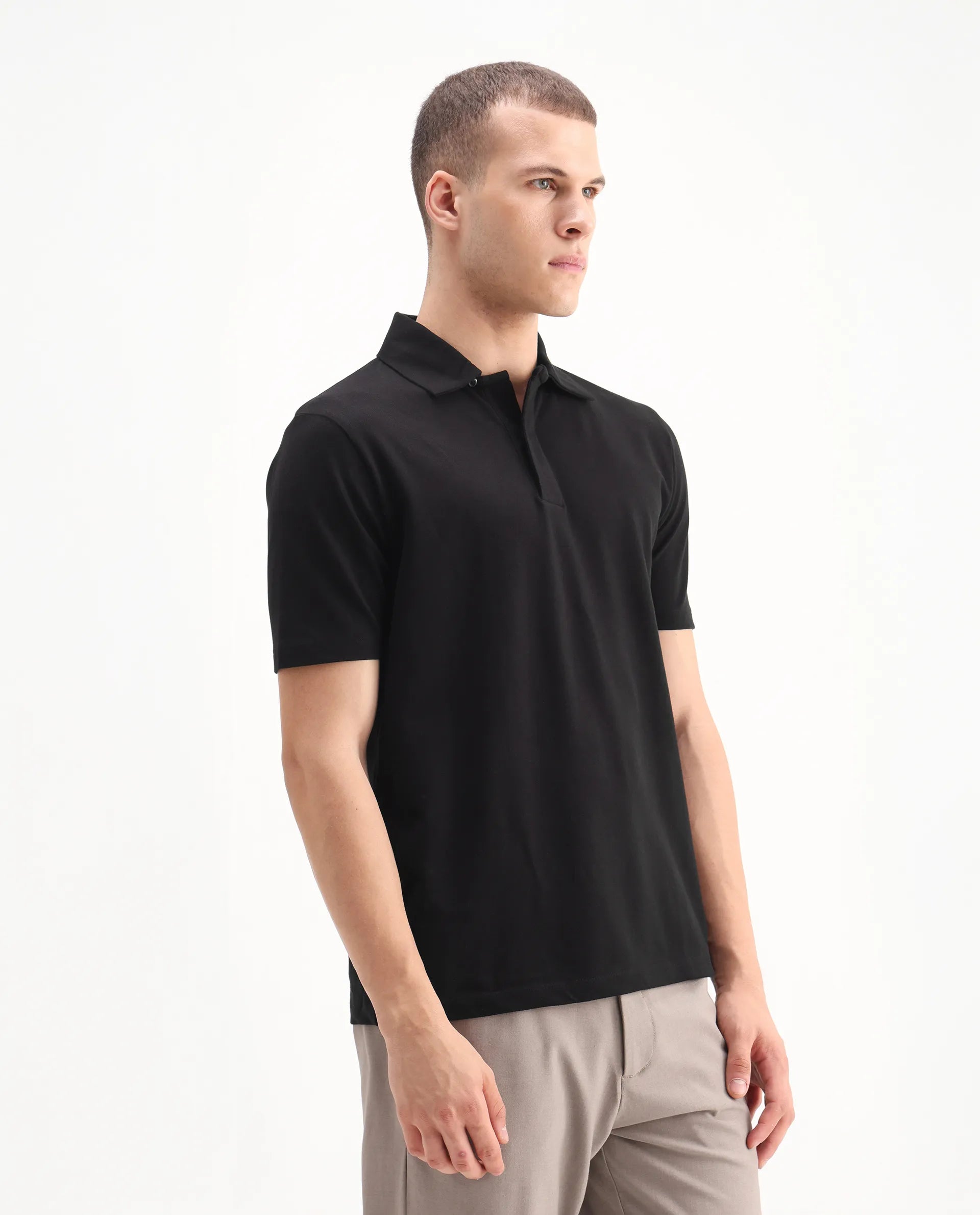 Rare Rabbit Men's Zeni Black Cotton Plain Regular Fit Half Sleeve Polo