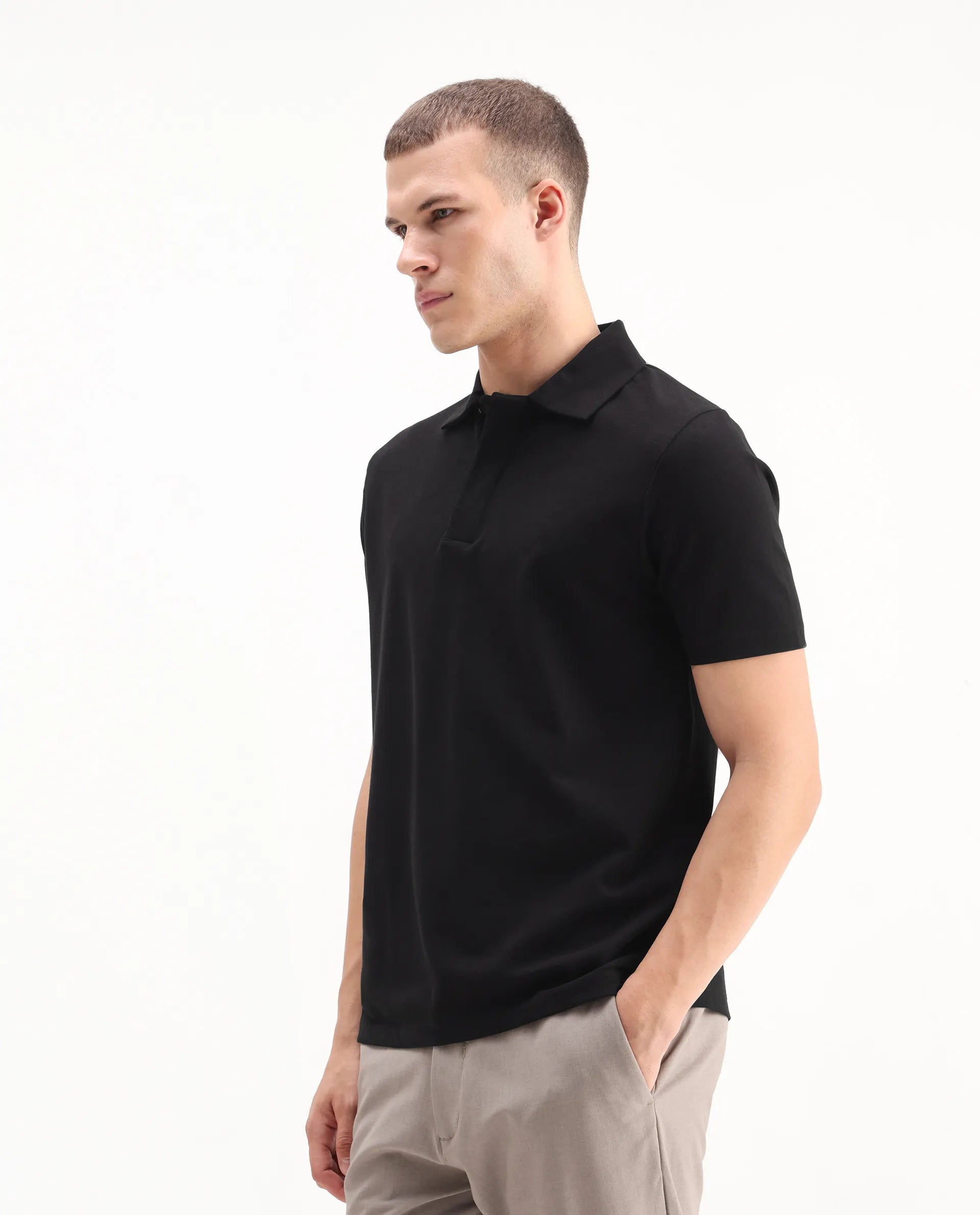 Rare Rabbit Men's Zeni Black Cotton Plain Regular Fit Half Sleeve Polo