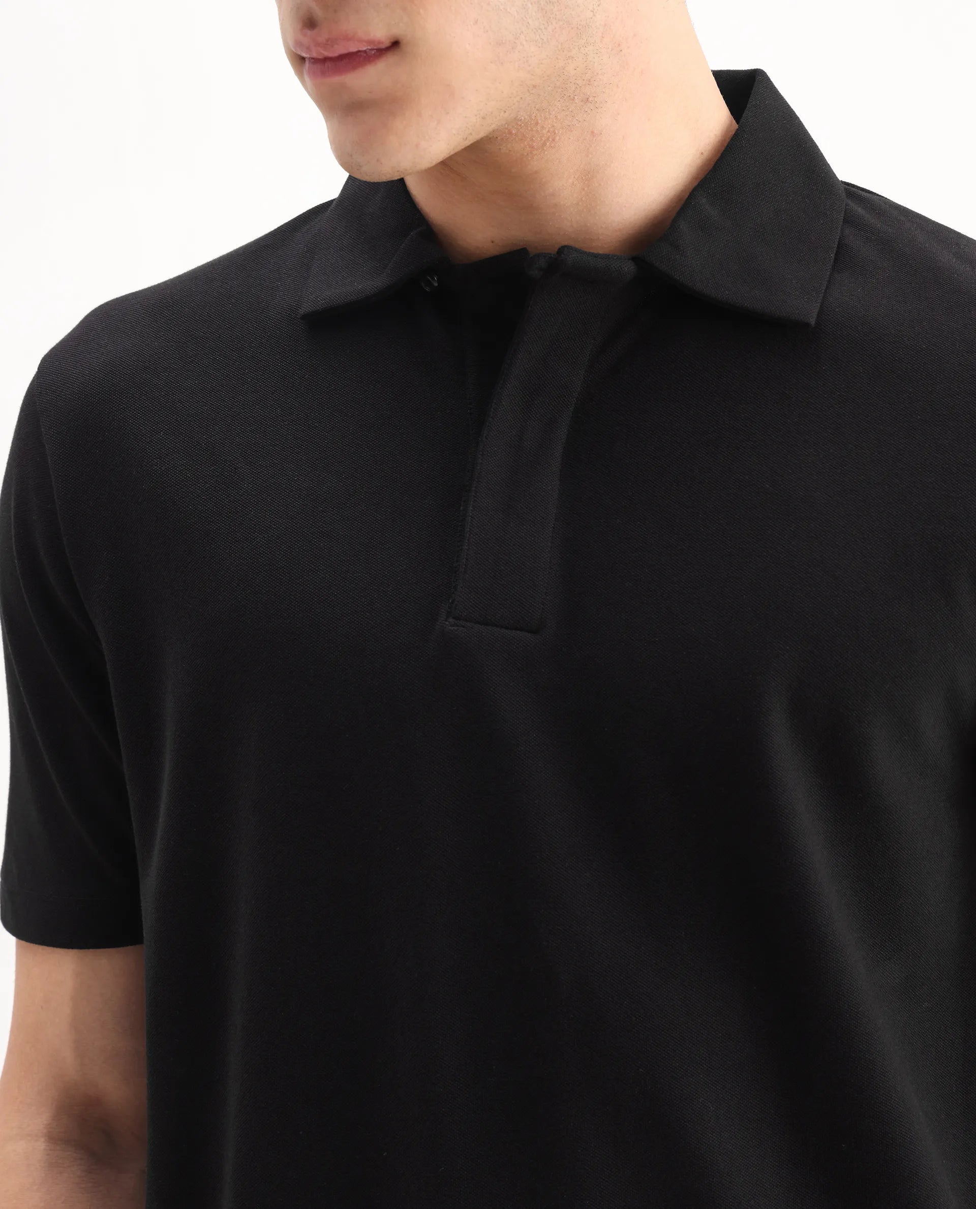 Rare Rabbit Men's Zeni Black Cotton Plain Regular Fit Half Sleeve Polo