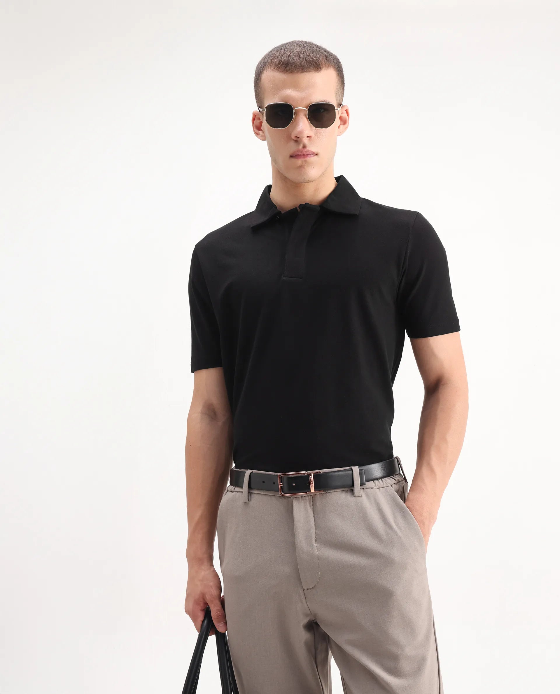 Rare Rabbit Men's Zeni Black Cotton Plain Regular Fit Half Sleeve Polo