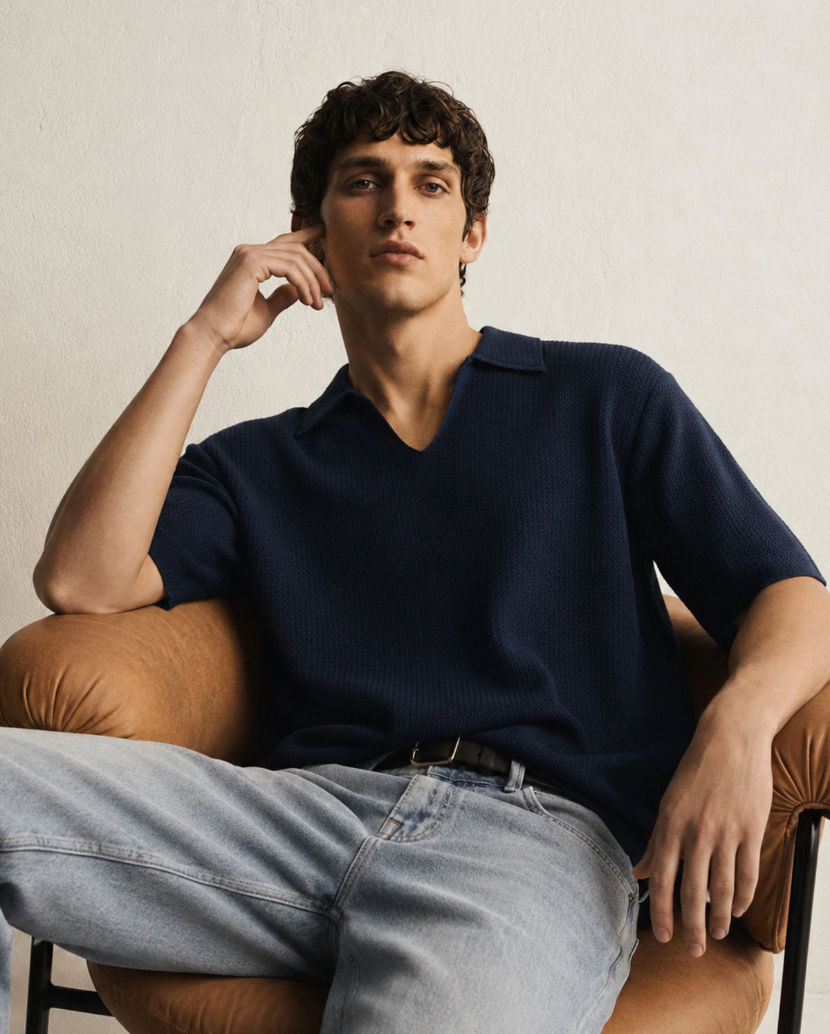 Rare Rabbit Men's Zent-A26 Navy Cotton Johnny Collar Regular Jacquard Polo