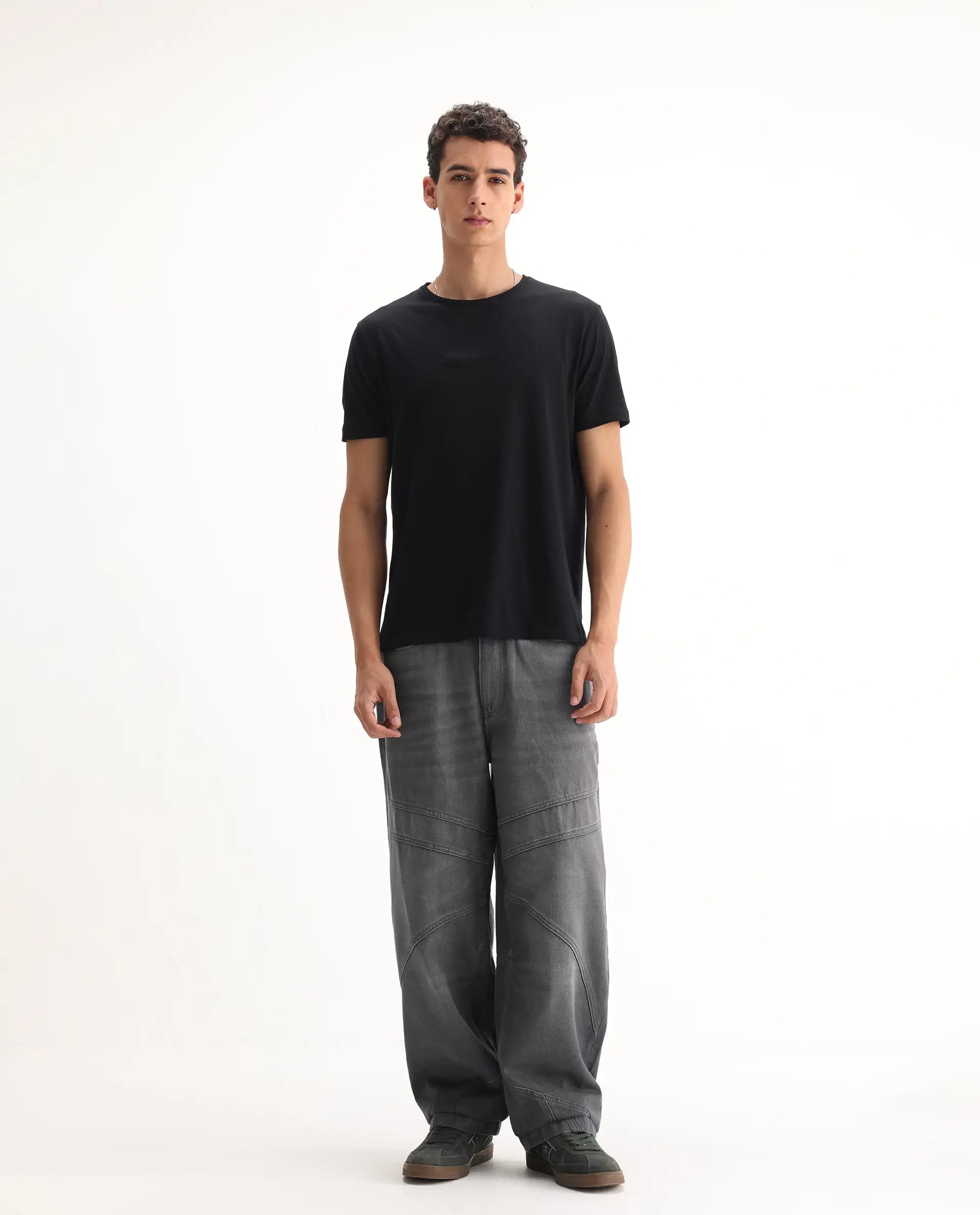 Rare Rabbit Men's Zeret Dark Grey Cotton Plain Baggy Fit Jeans