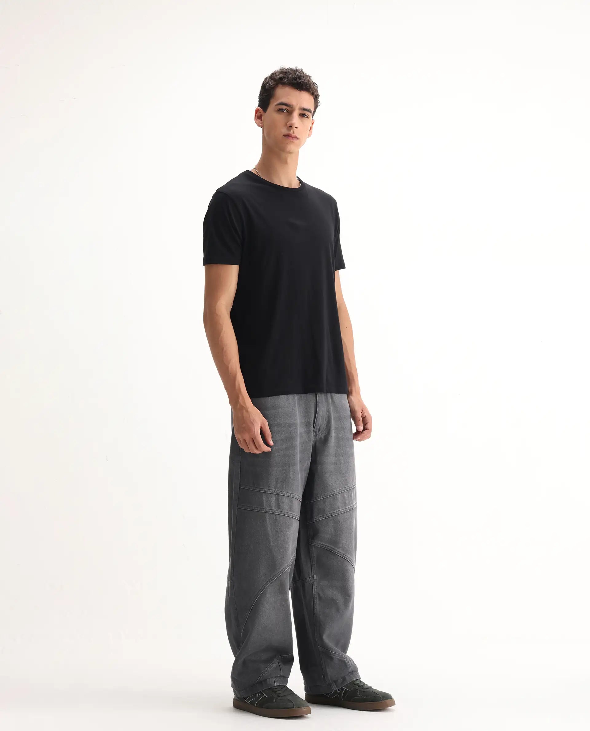 Rare Rabbit Men's Zeret Dark Grey Cotton Plain Baggy Fit Jeans