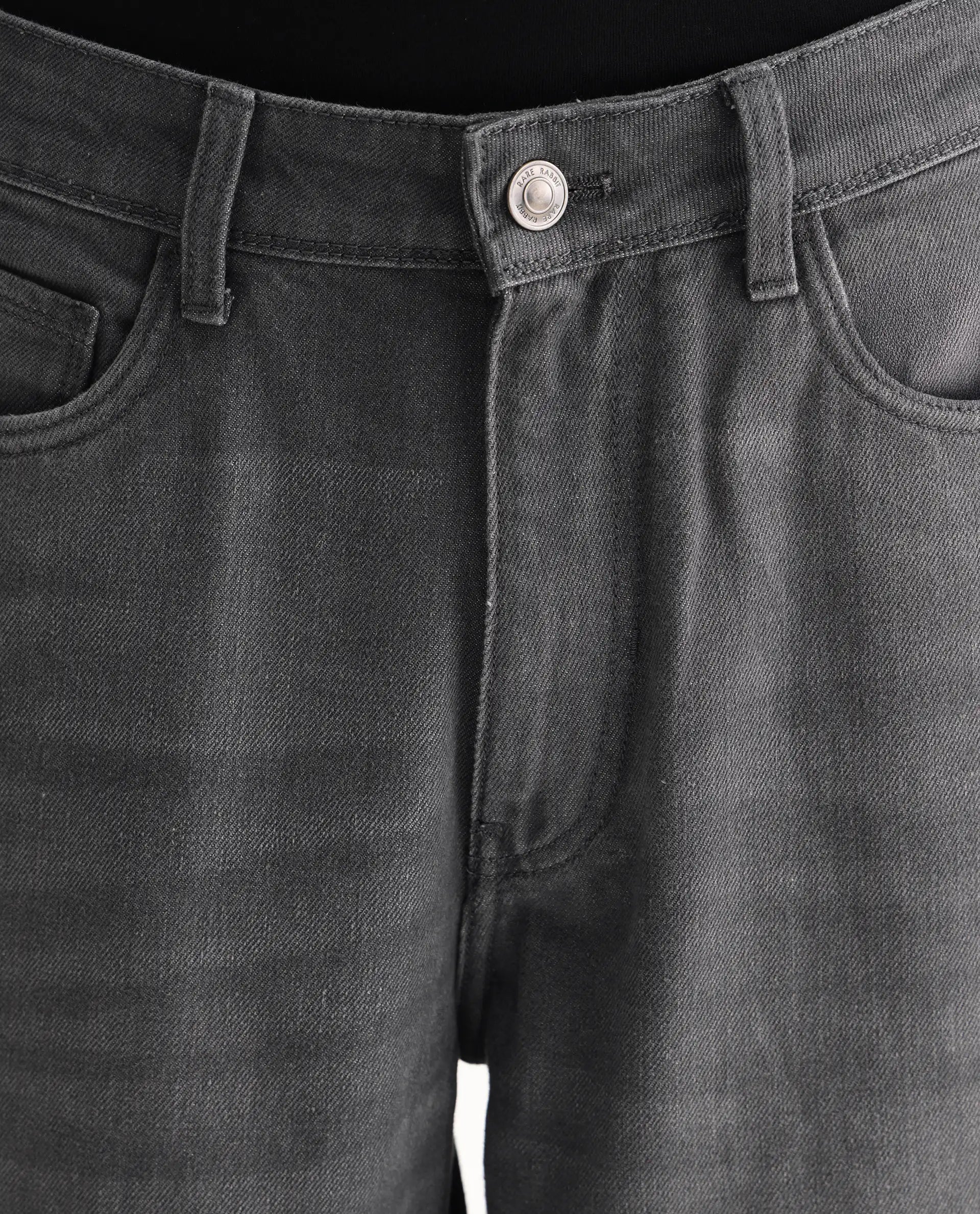 Rare Rabbit Men's Zeret Dark Grey Cotton Plain Baggy Fit Jeans