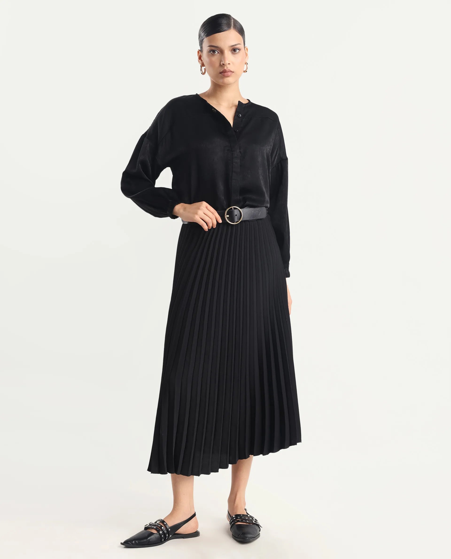 Rareism Women's Zerra Black Satin Crew Neck Plain Bishop Sleeve Relaxed Fit Top