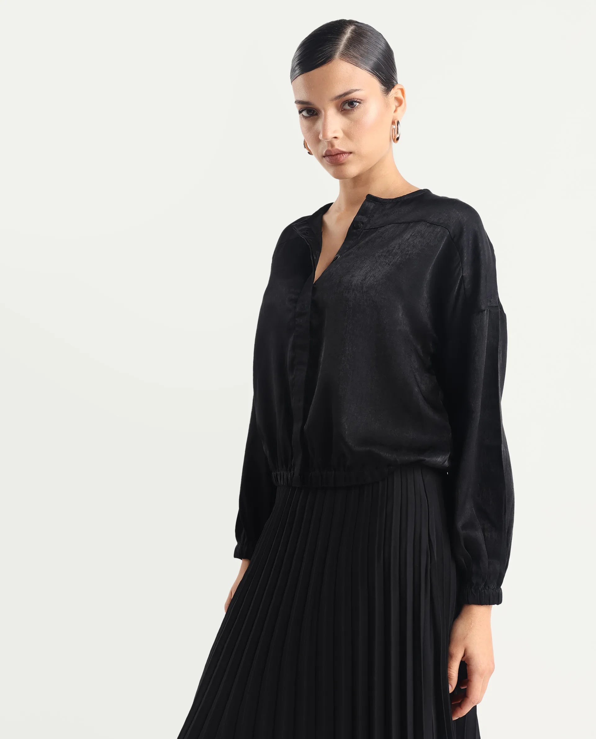 Rareism Women's Zerra Black Satin Crew Neck Plain Bishop Sleeve Relaxed Fit Top