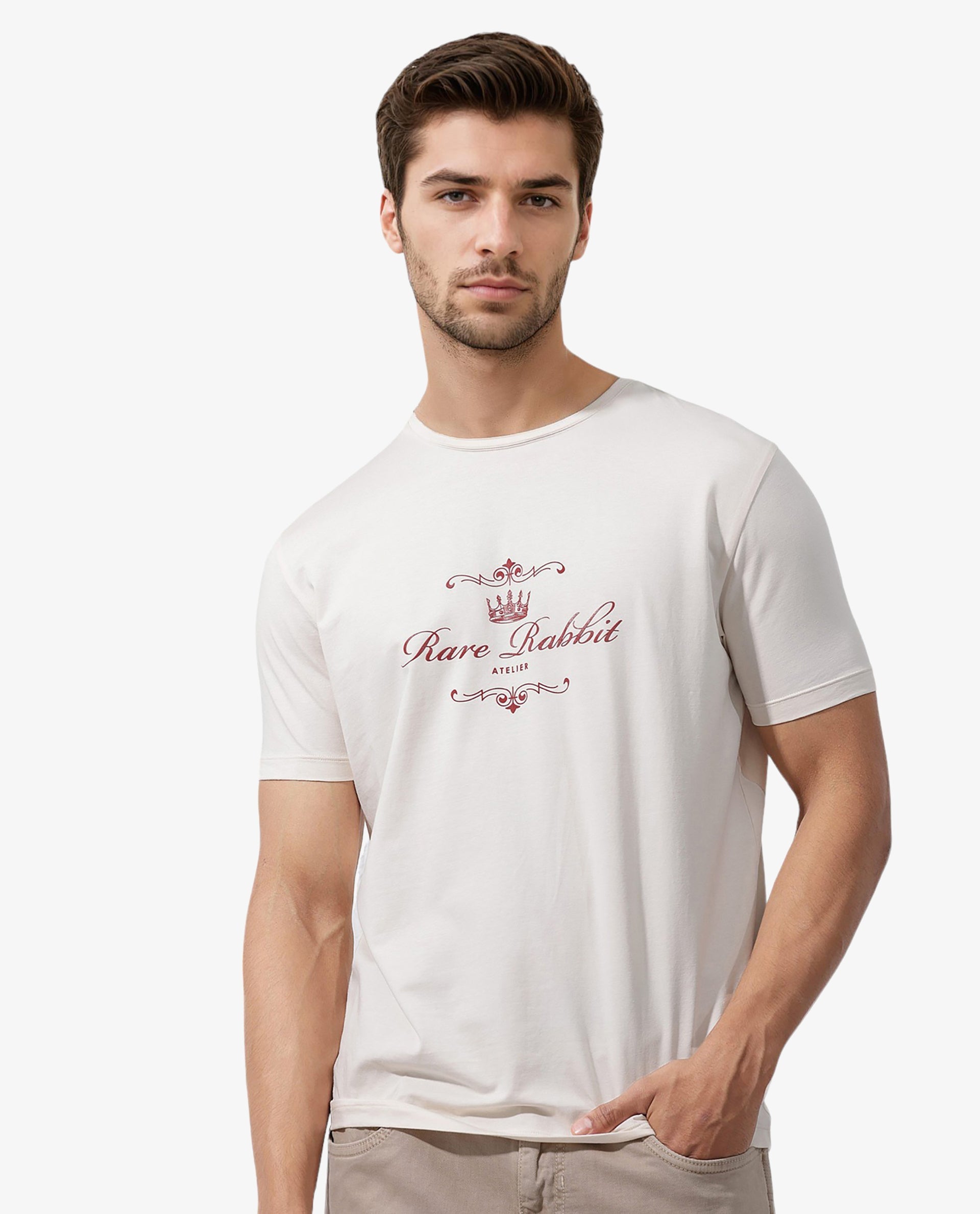 Rare Rabbit Men's Zeus Beige Cotton Lycra Fabric Half Sleeves Graphic Print T-Shirt