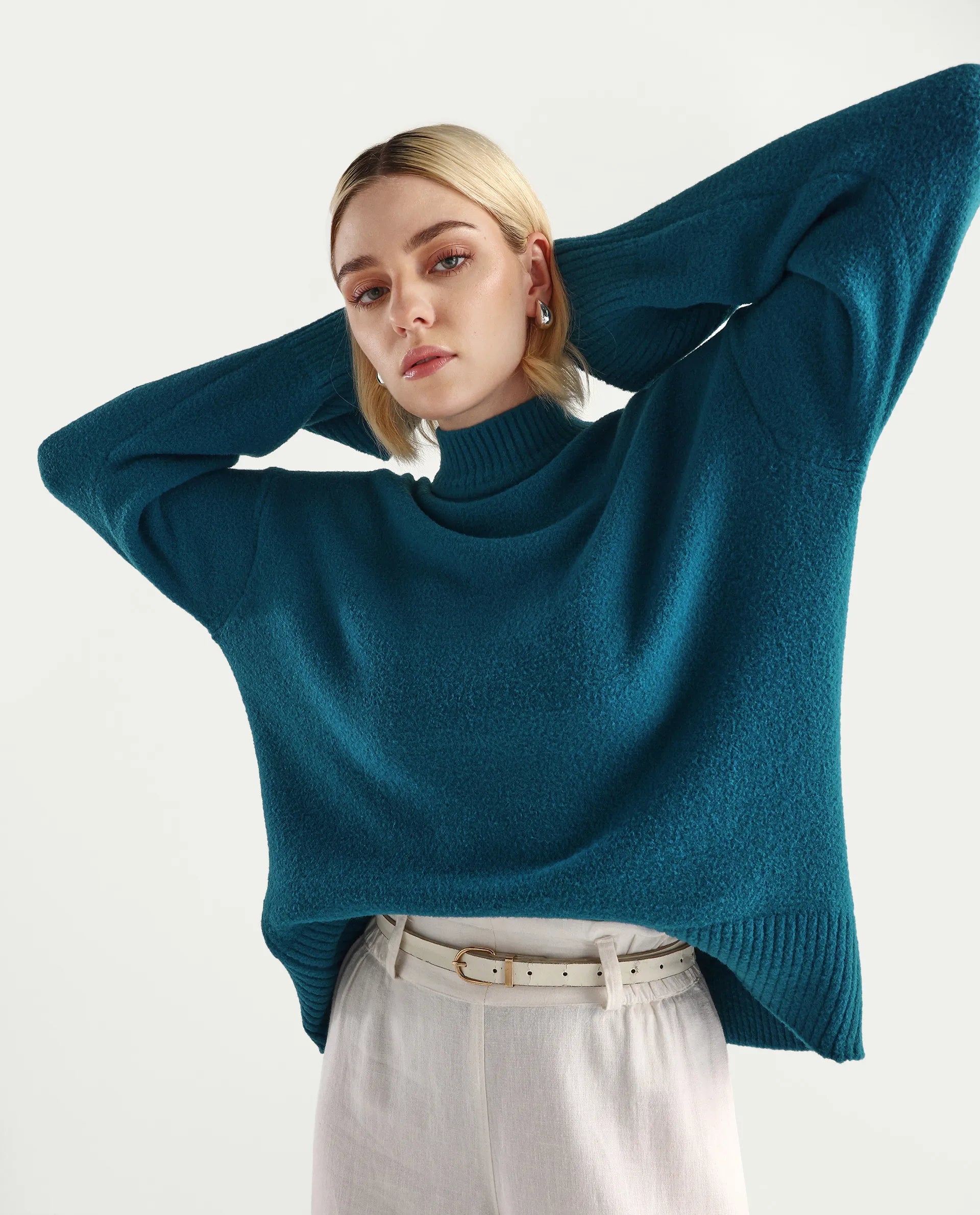 Rareism Women's Zilli Dark Petrol Nylon High Neck Oversize Fit Sweater Oversize