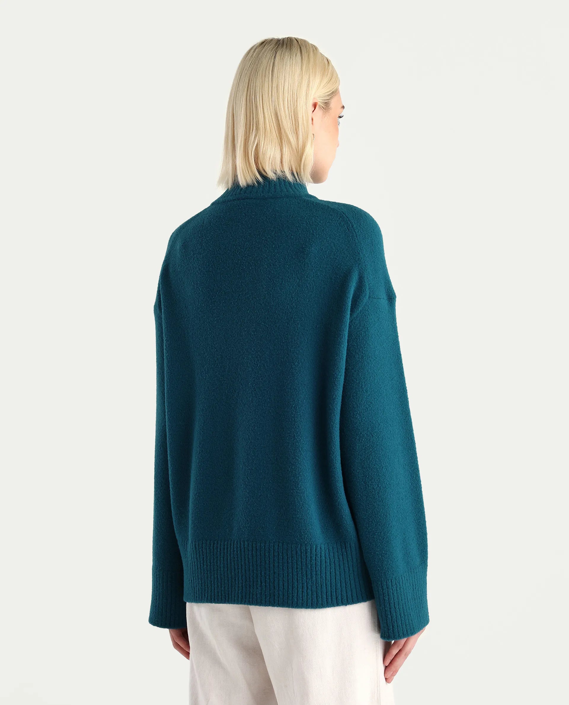 Rareism Women's Zilli Dark Petrol Nylon High Neck Oversize Fit Sweater Oversize