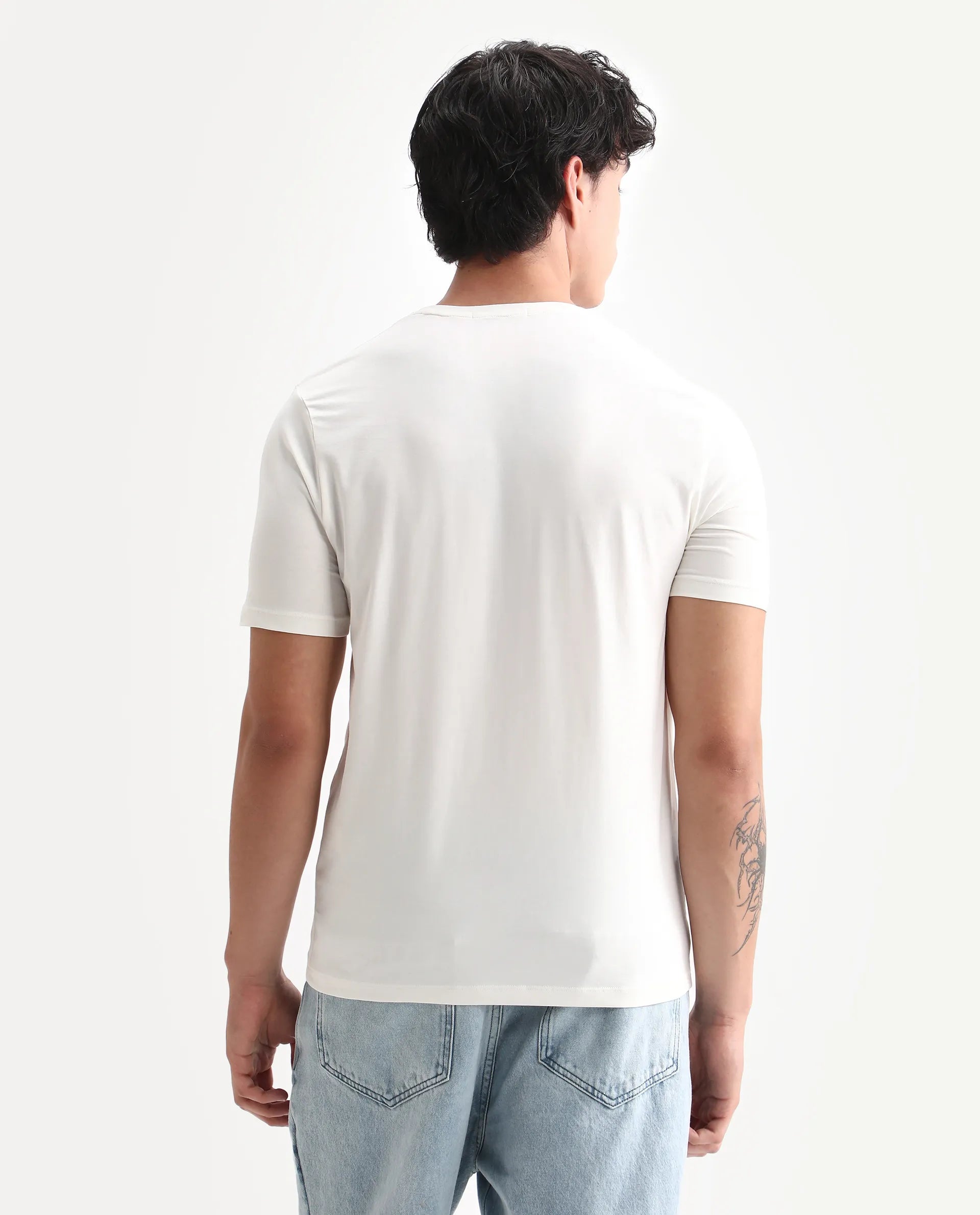 Rare Rabbit Men's Zima Off White Cotton Blend Graphic Print Regular Fit Half Sleeve Crew Neck T-Shirt