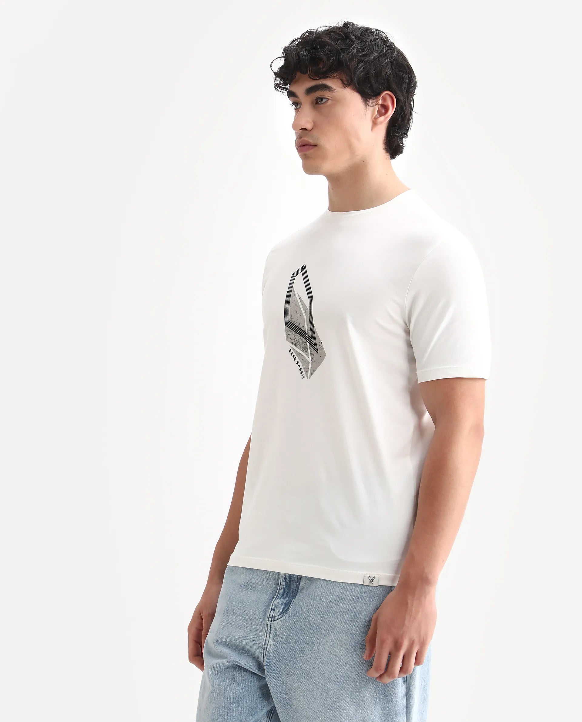 Rare Rabbit Men's Zima Off White Cotton Blend Graphic Print Regular Fit Half Sleeve Crew Neck T-Shirt