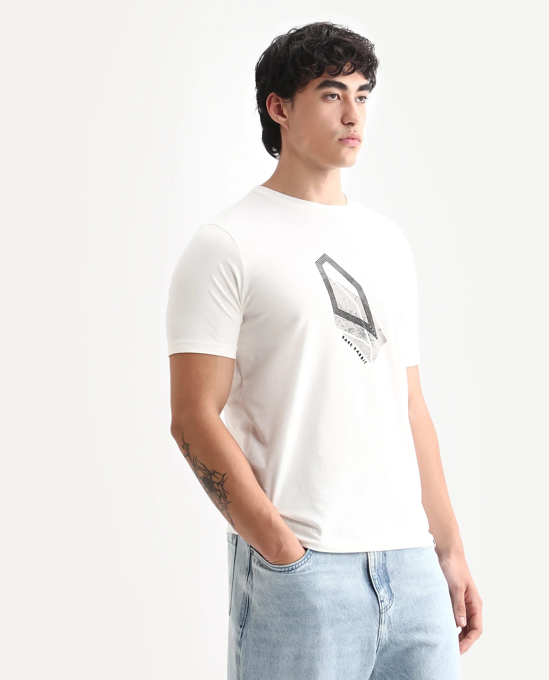 Rare Rabbit Men's Zima Off White Cotton Blend Graphic Print Regular Fit Half Sleeve Crew Neck T-Shirt
