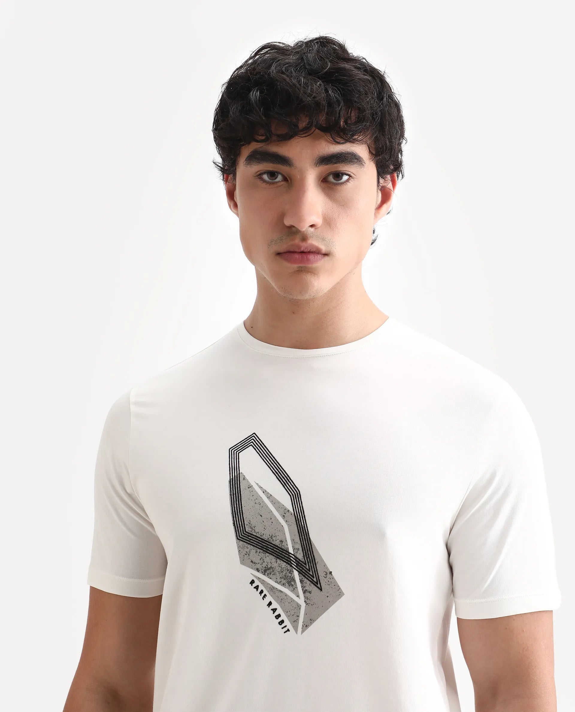 Rare Rabbit Men's Zima Off White Cotton Blend Graphic Print Regular Fit Half Sleeve Crew Neck T-Shirt