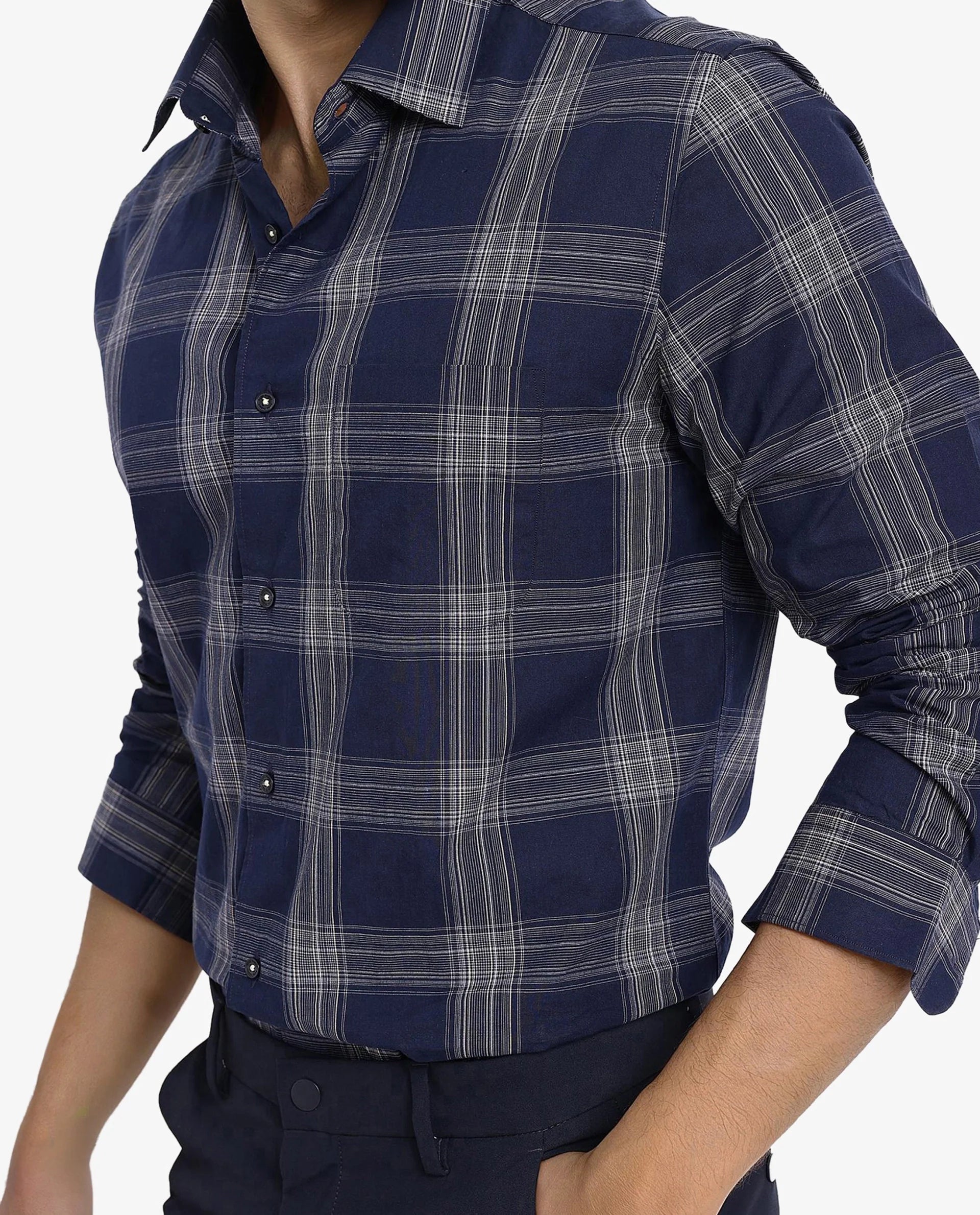 Rare Rabbit Men Zinga Navy Cotton Fabric Full Sleeve Regular Fit Checks Shirt