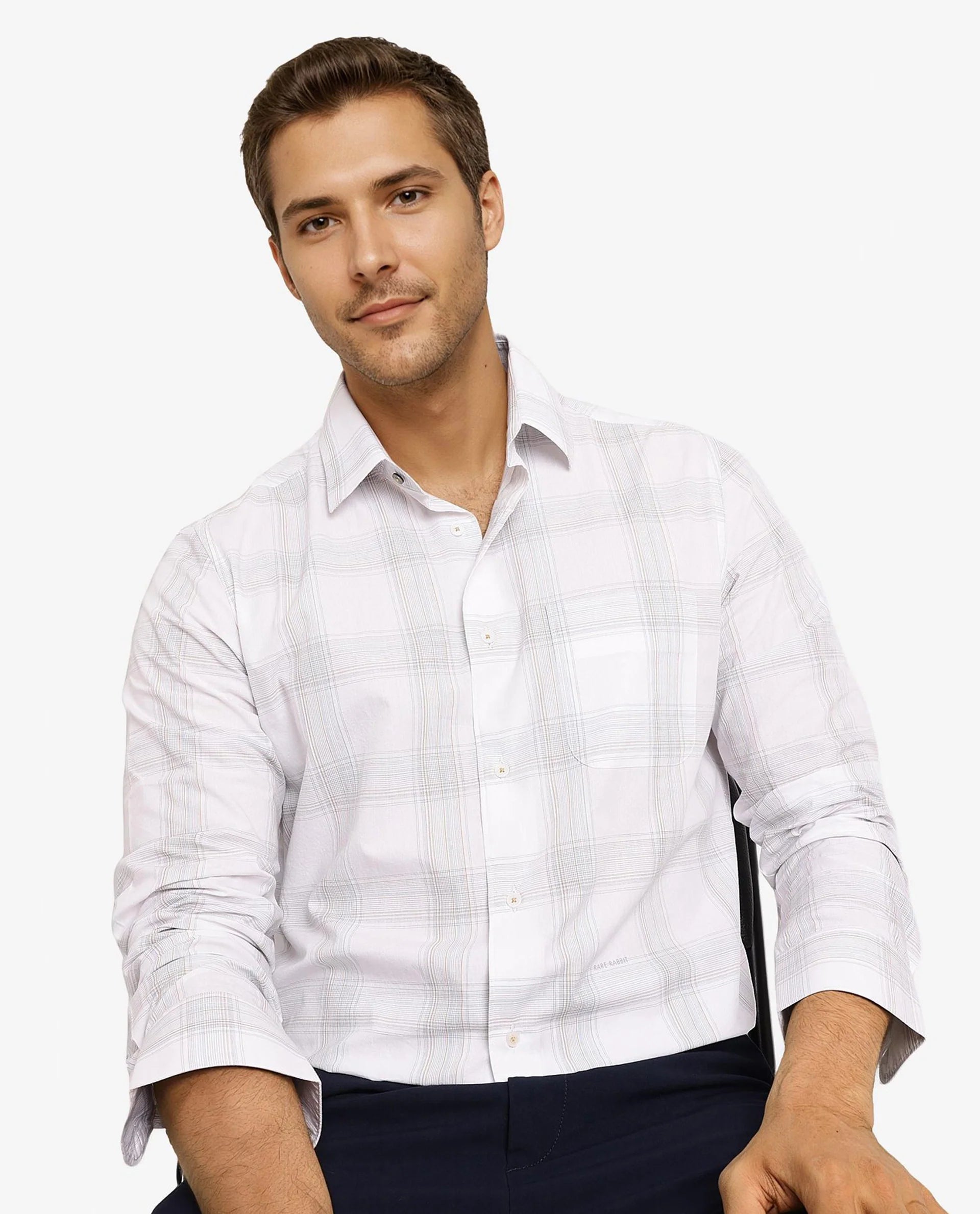 Rare Rabbit Men Zinga White Cotton Fabric Full Sleeve Regular Fit Checks Shirt