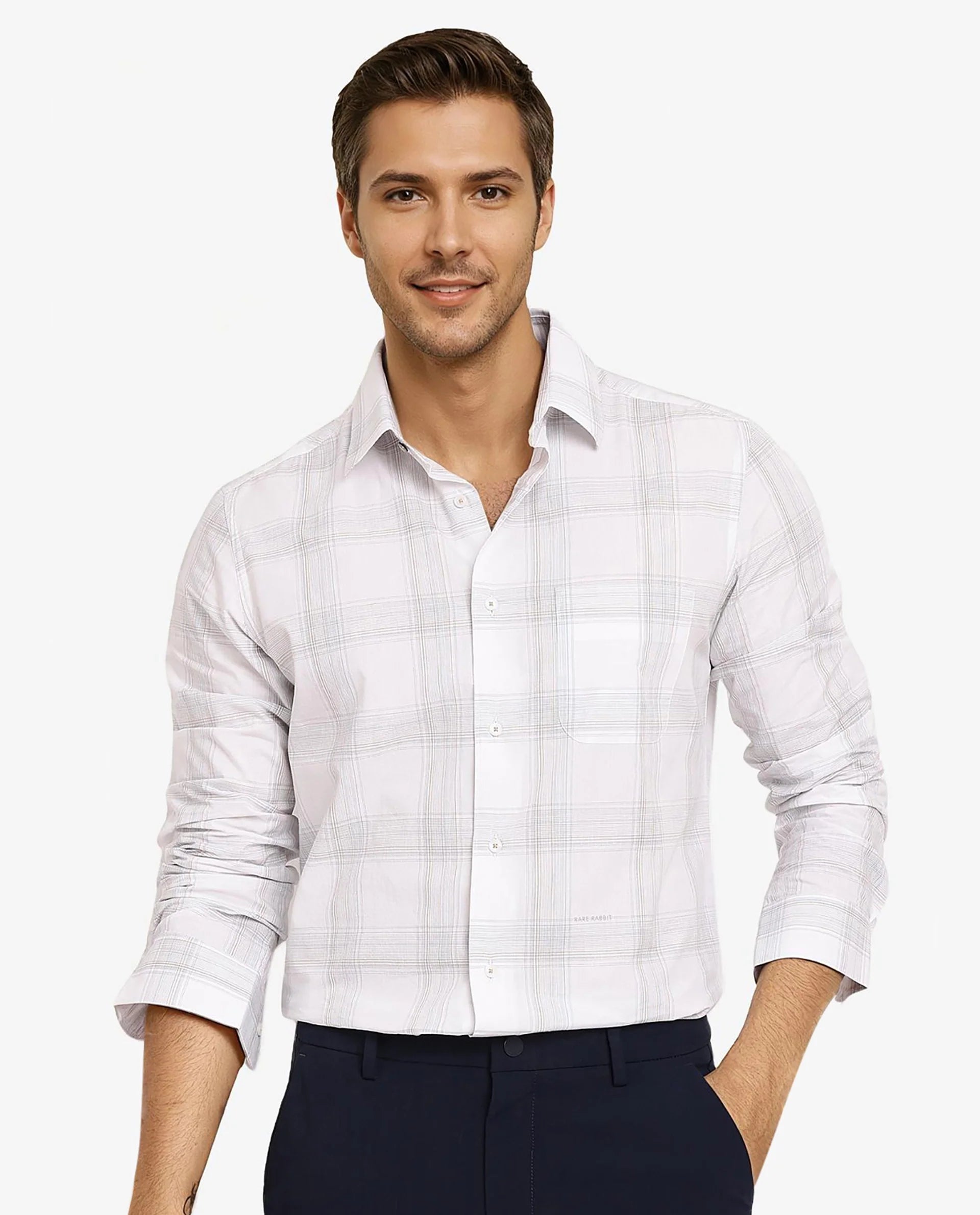 Rare Rabbit Men Zinga White Cotton Fabric Full Sleeve Regular Fit Checks Shirt