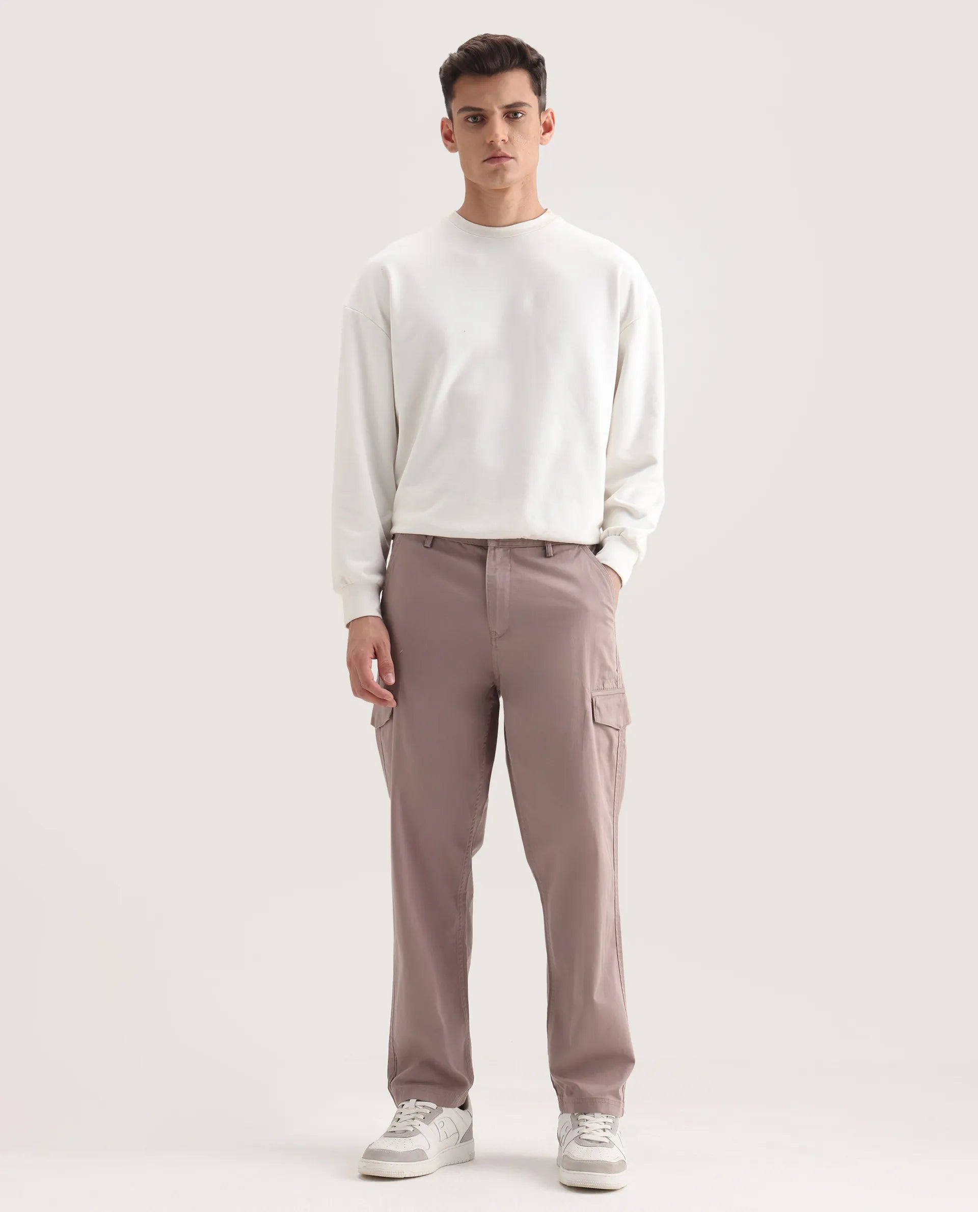 Rare Rabbit Men's Zipo Dusky Pink Cotton Plain Regular Fit Trouser