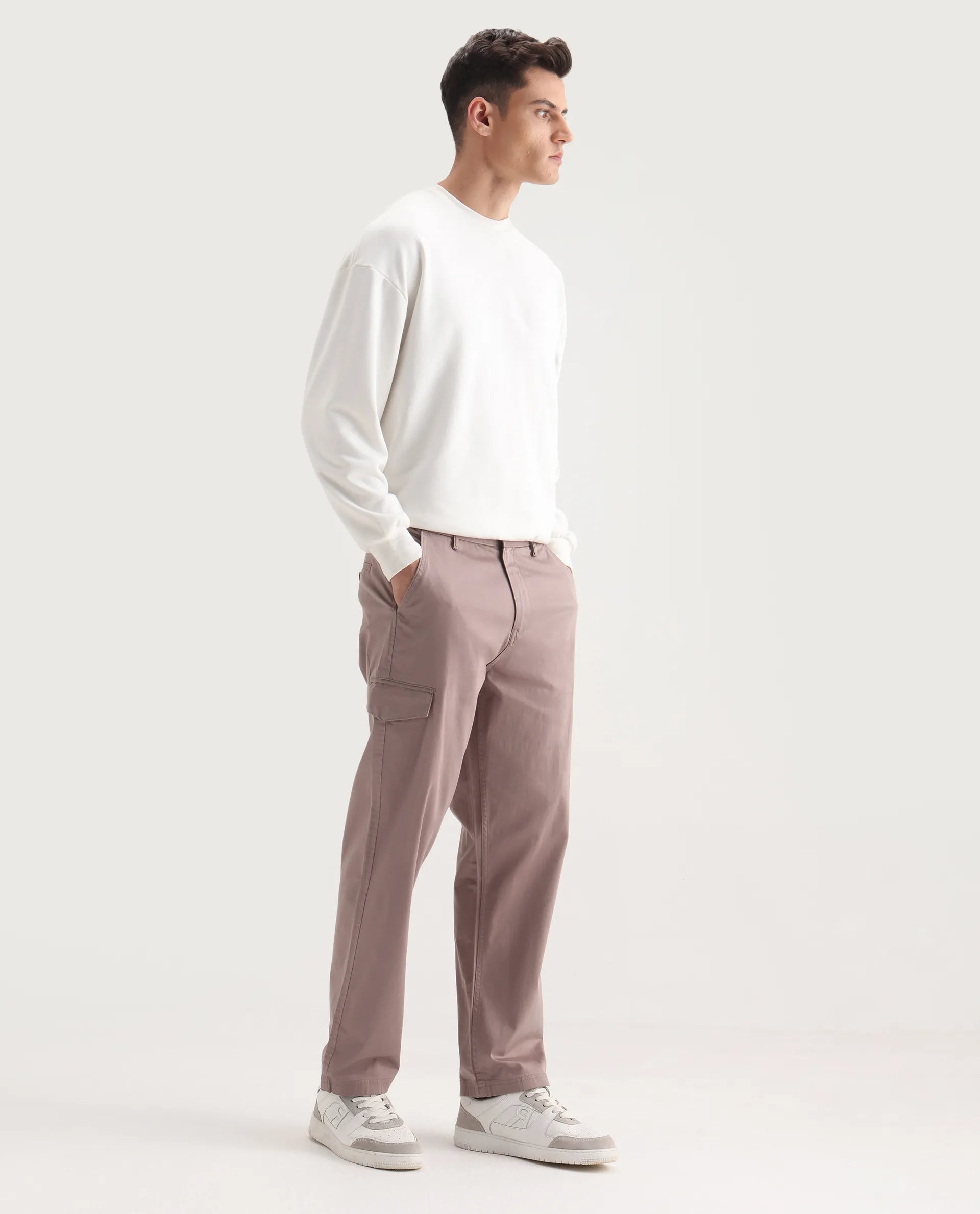 Rare Rabbit Men's Zipo Dusky Pink Cotton Plain Regular Fit Trouser