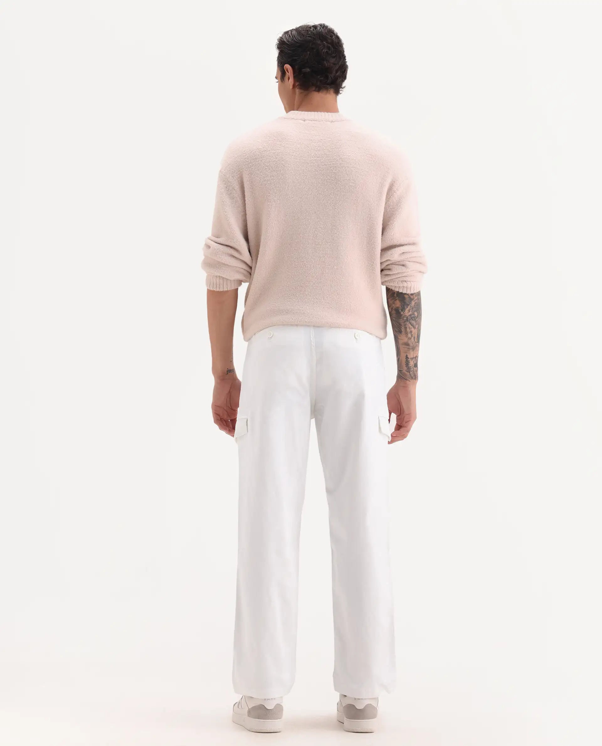 Rare Rabbit Men's Zipo White Cotton Plain Regular Fit Trouser