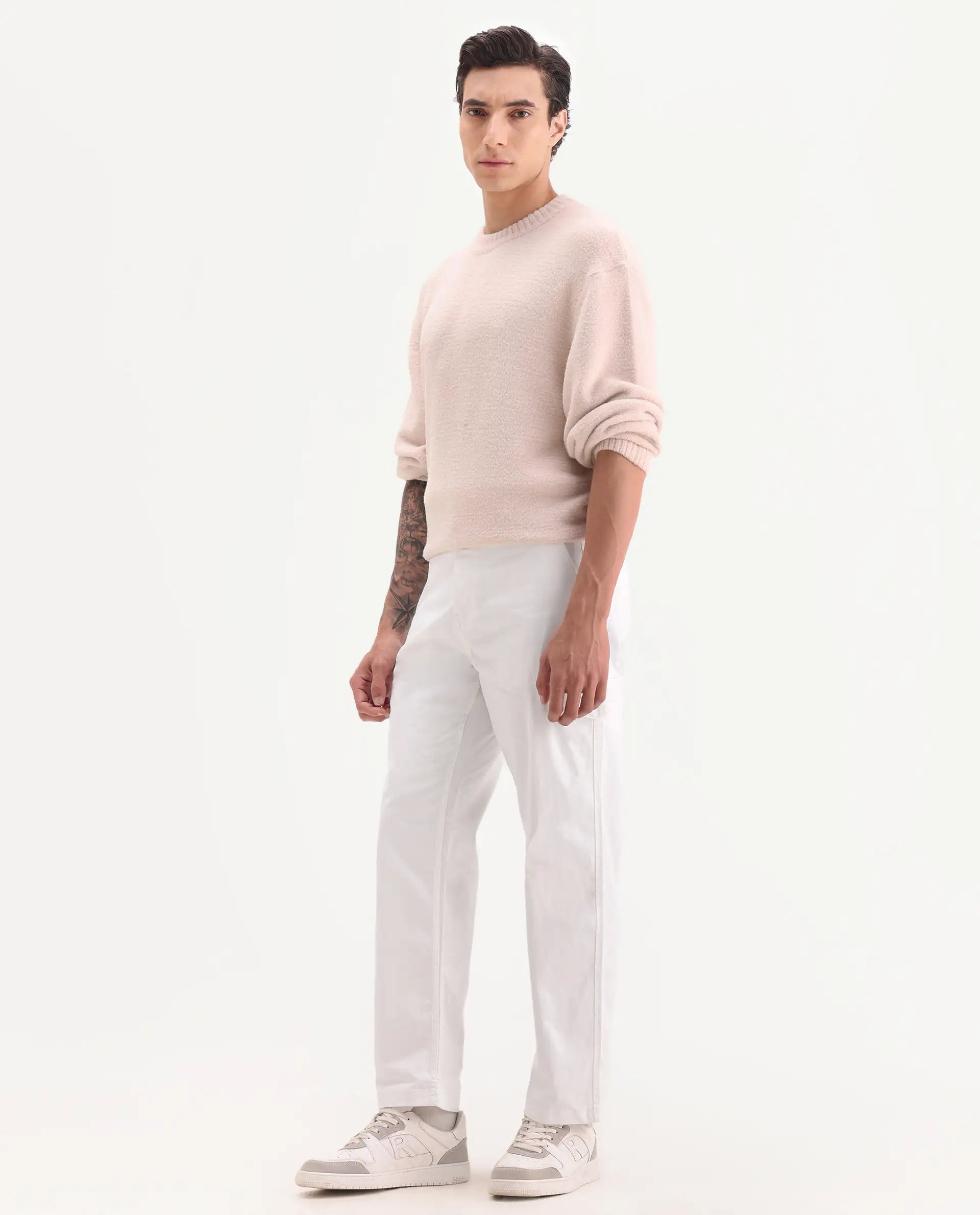 Rare Rabbit Men's Zipo White Cotton Plain Regular Fit Trouser