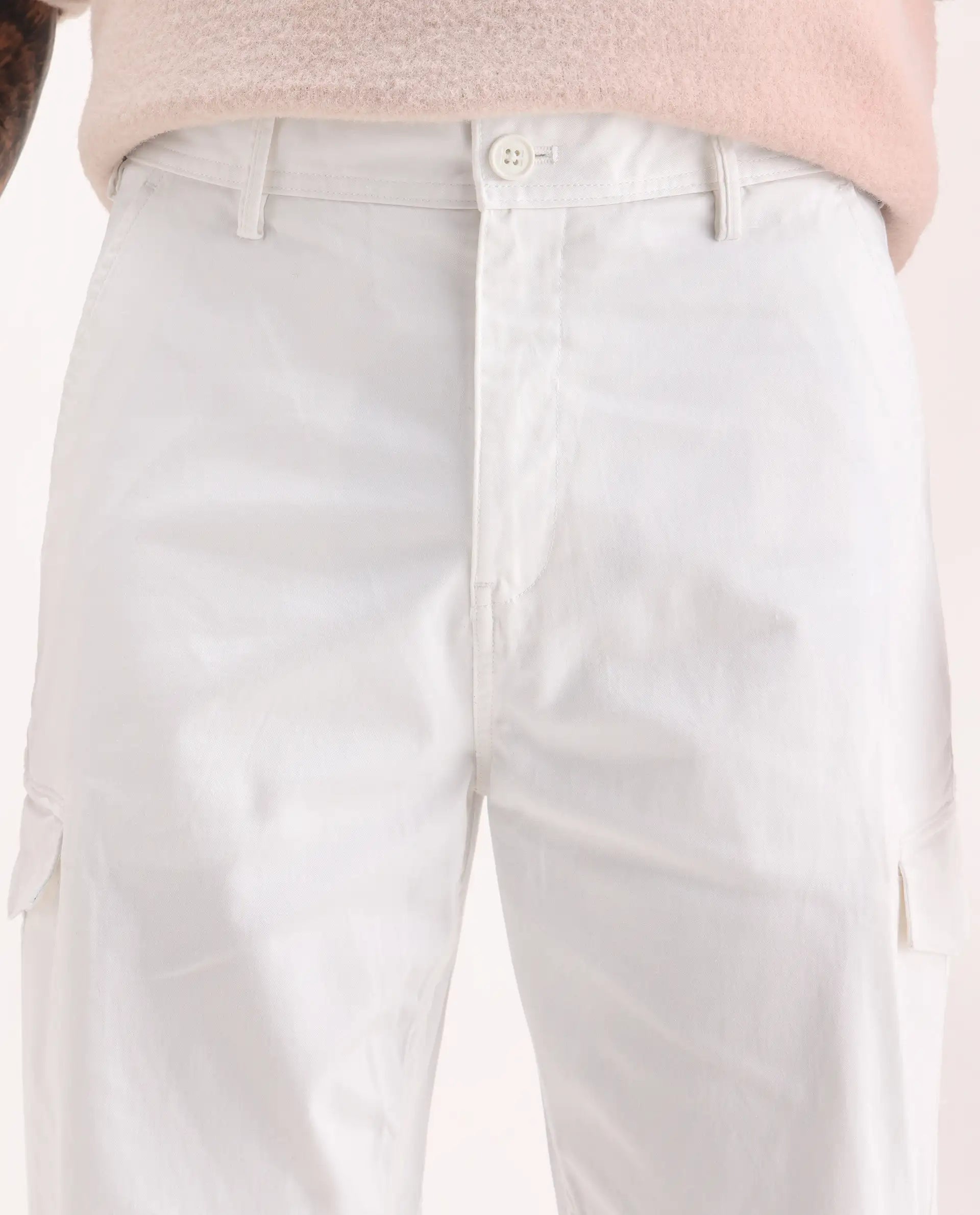 Rare Rabbit Men's Zipo White Cotton Plain Regular Fit Trouser