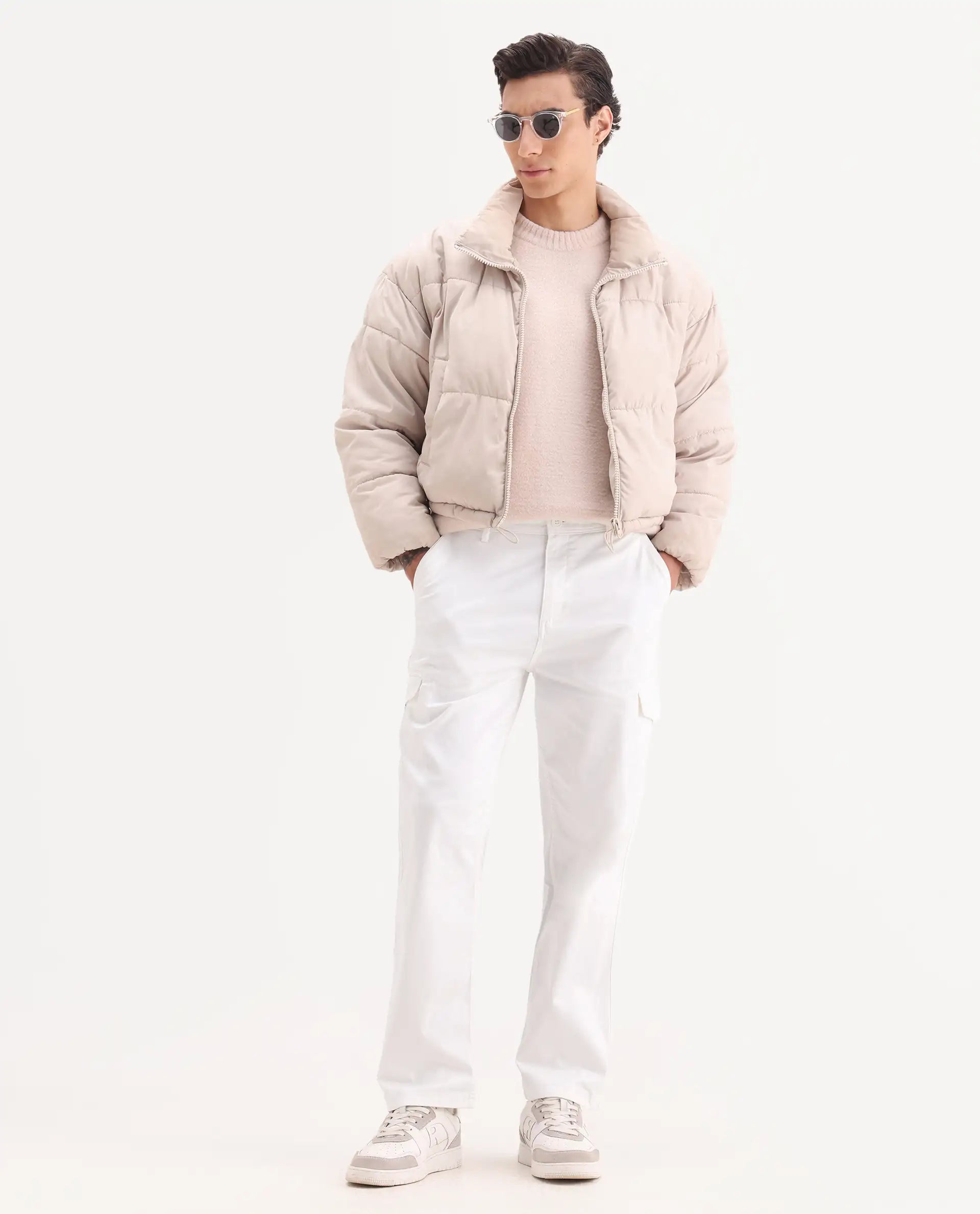 Rare Rabbit Men's Zipo White Cotton Plain Regular Fit Trouser