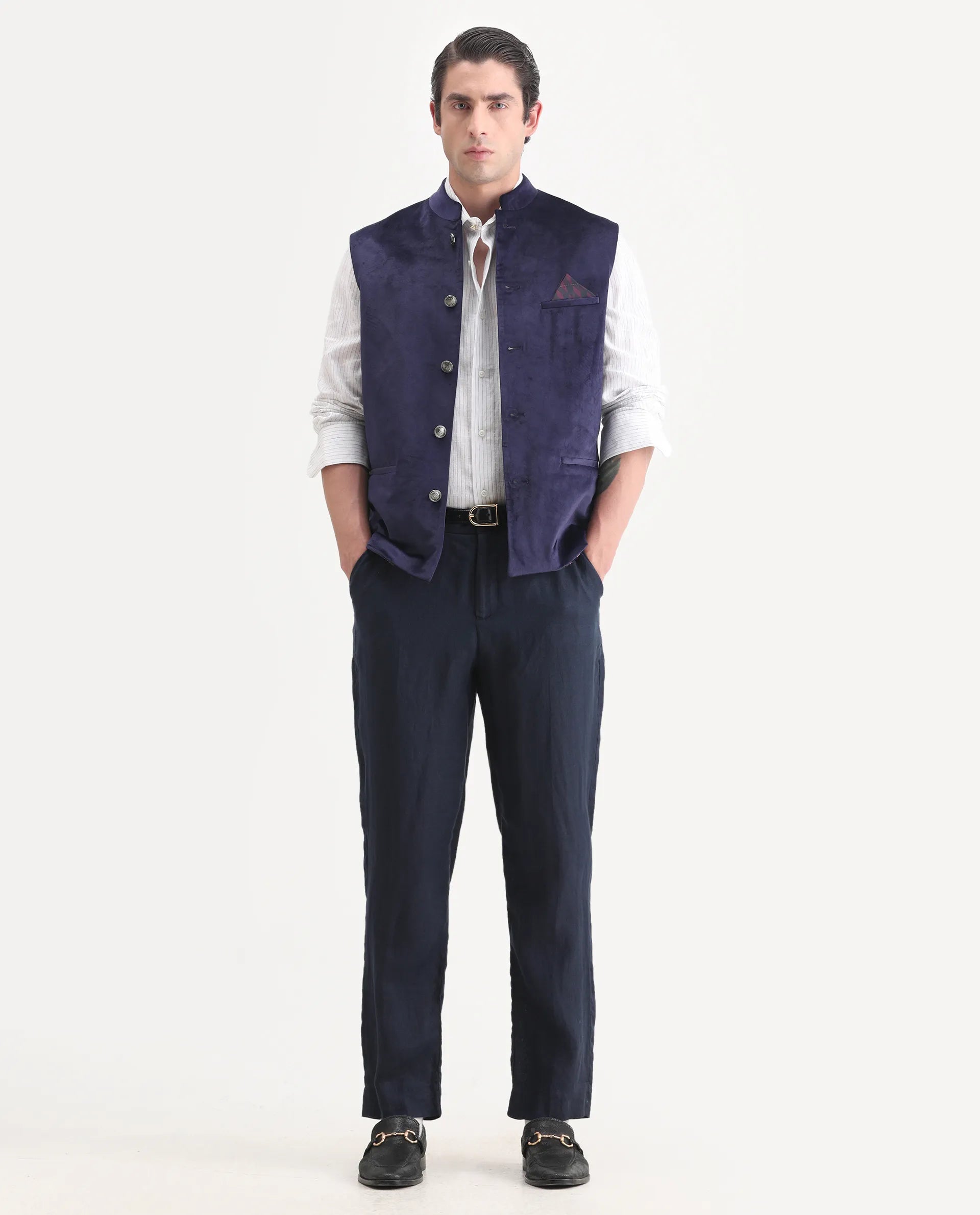 Rare Rabbit Men's Ziva Purple Velvet Plain Tailored Fit Sleeveless Mandarin Collar Bandhgala