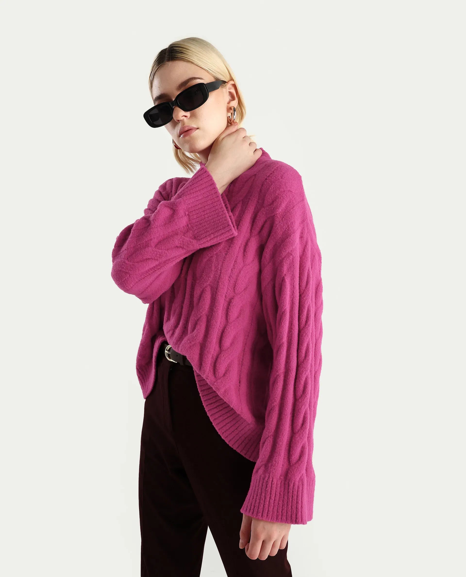 Rareism Women's Ziv Dark Pink Nylon High Neck Oversize Fit Sweater