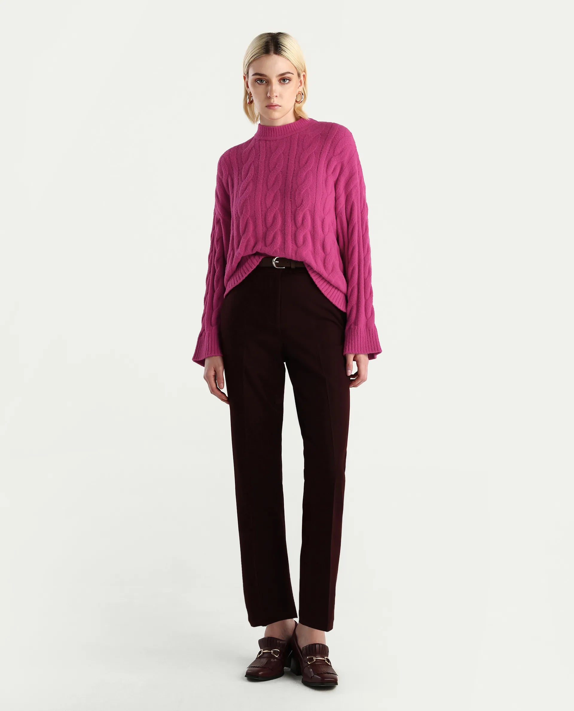 Rareism Women's Ziv Dark Pink Nylon High Neck Oversize Fit Sweater