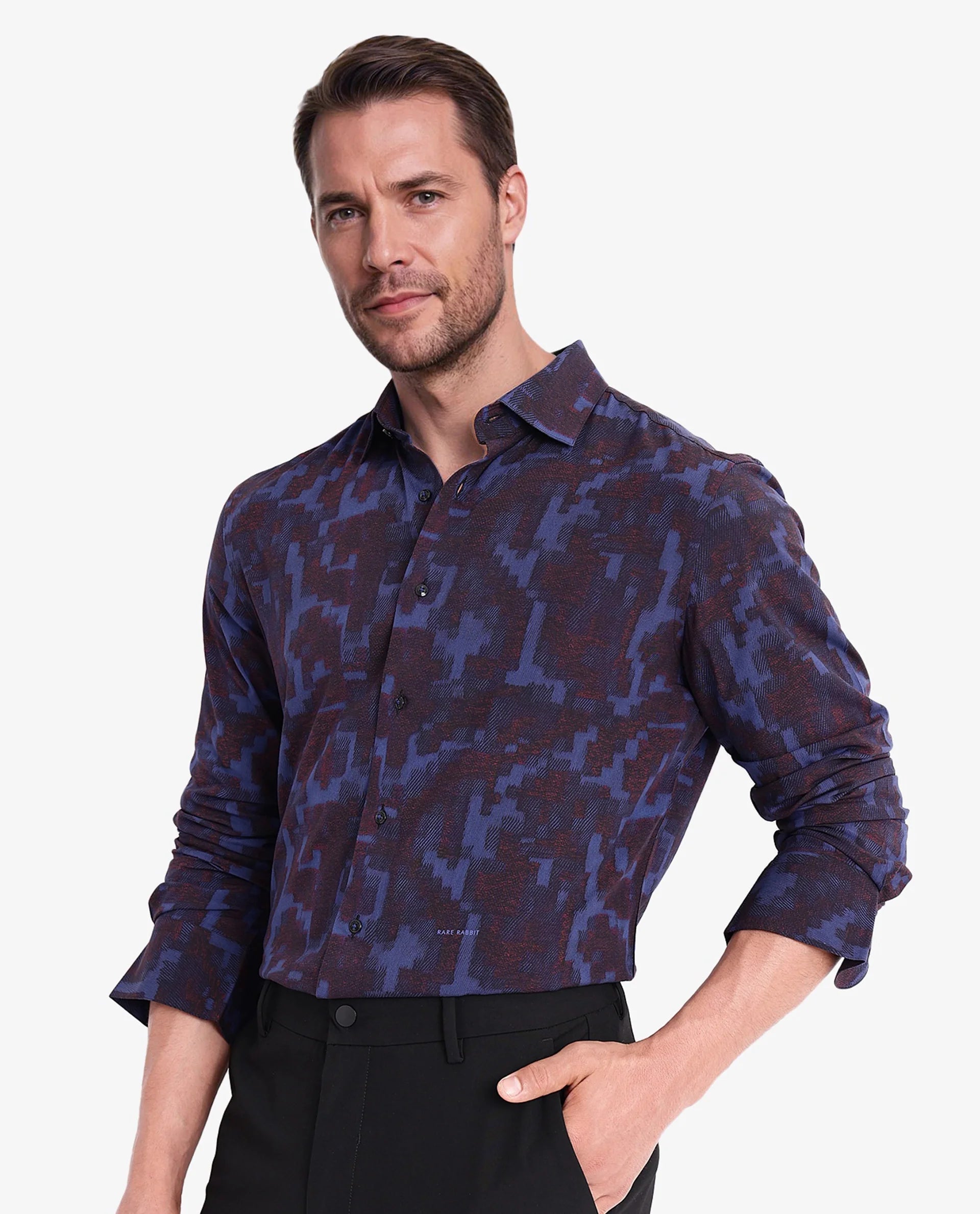 Rare Rabbit Men Zlata Navy Cotton Full Sleeve Regular Collar Button Closure Regular Fit Abstract Print Shirt