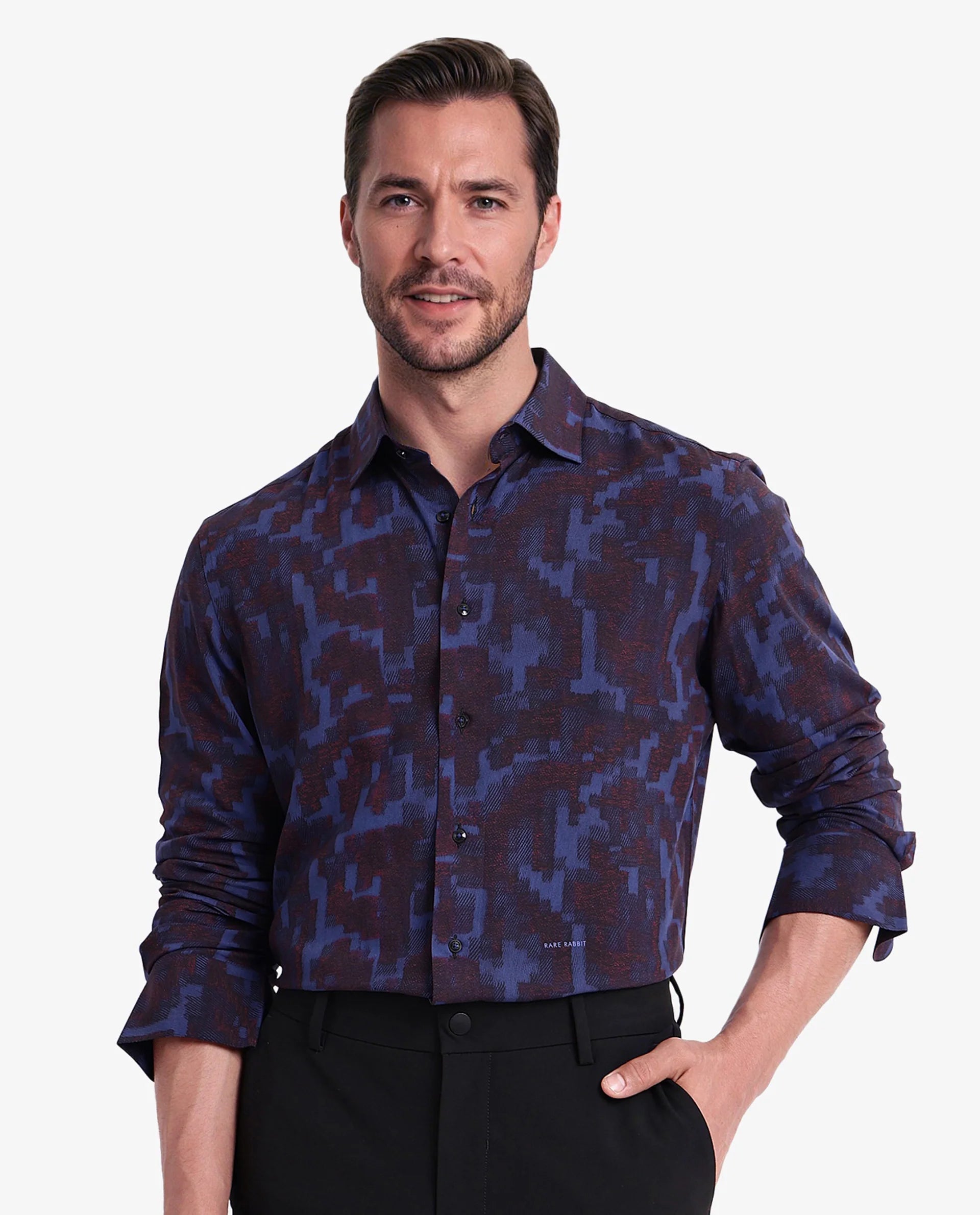 Rare Rabbit Men Zlata Navy Cotton Full Sleeve Regular Collar Button Closure Regular Fit Abstract Print Shirt