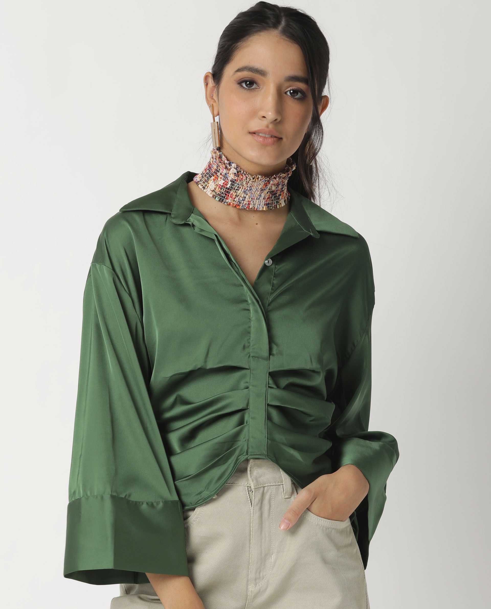 Rareism Womens Zomat Green Top Modal Fabric Regular Fit Bell Sleeves Collared Neck