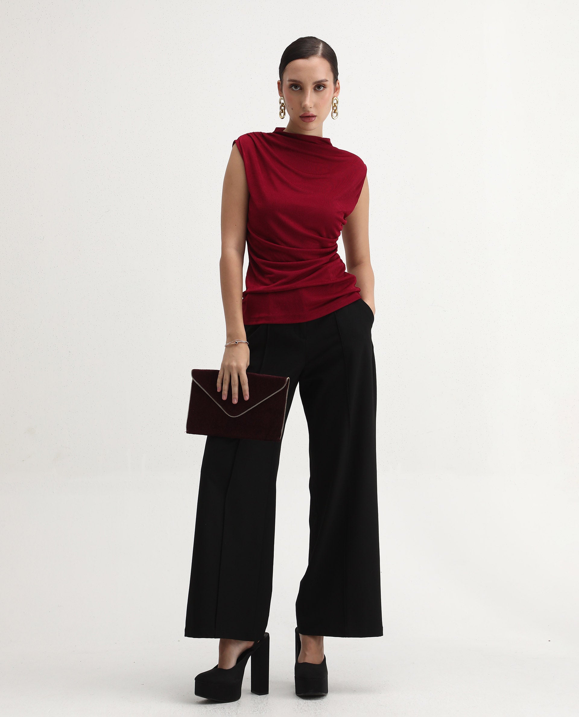 Rareism Women's Zoptus Dark Red Cotton High Neck Regular Fit Plain Top