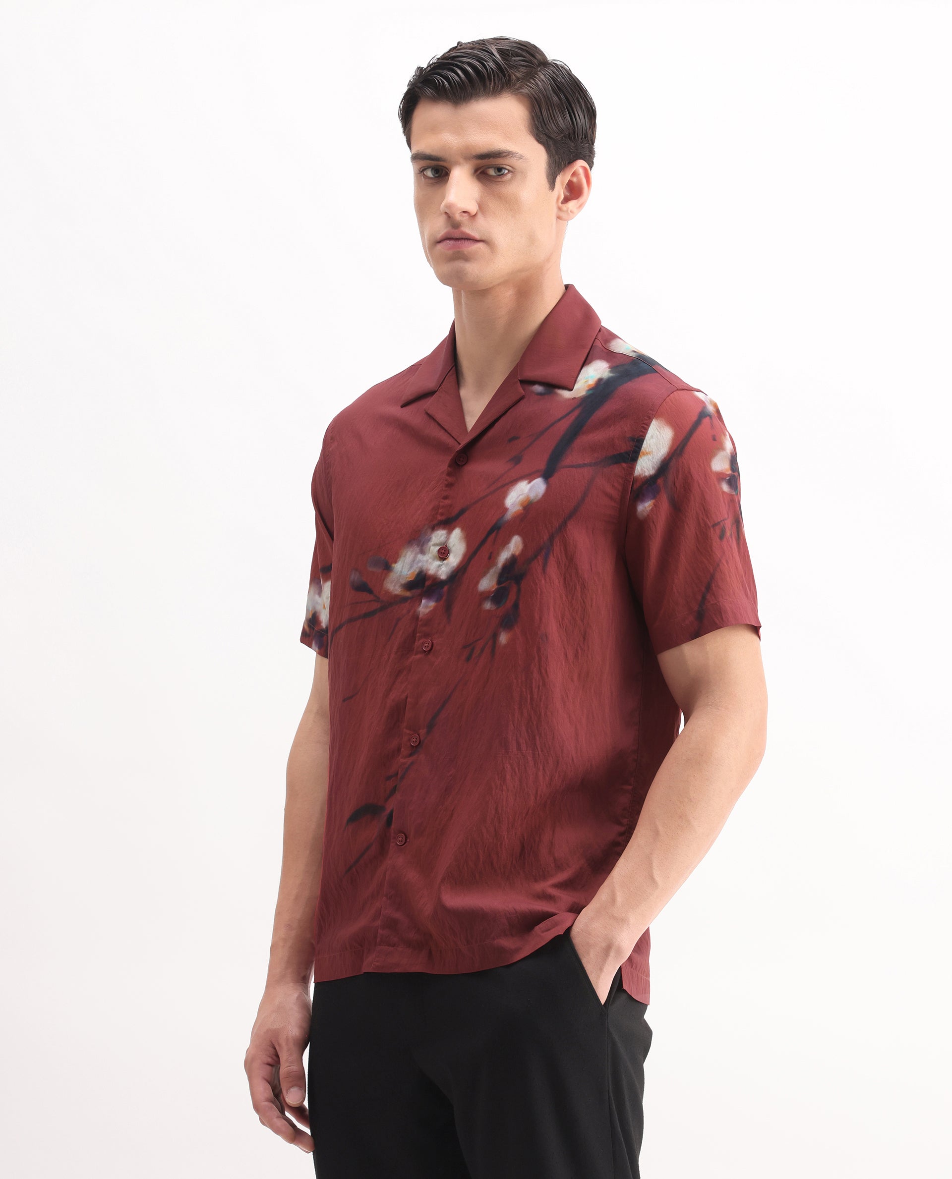 Rare Rabbit Men's Zovek Red Viscose Blend Floral Print Relaxed Fit Half Sleeve Cuban Collar Shirt