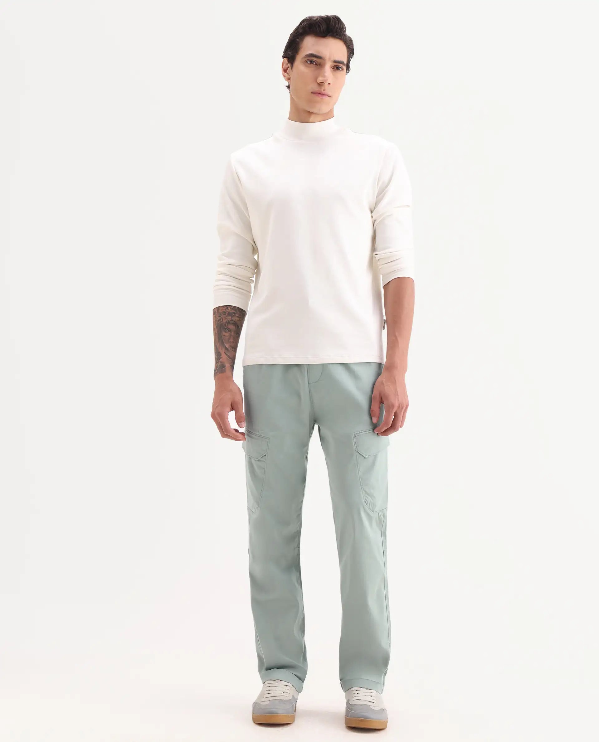 Rare Rabbit Men's Zudi Pastel Blue Cotton Plain Regular Fit Trouser