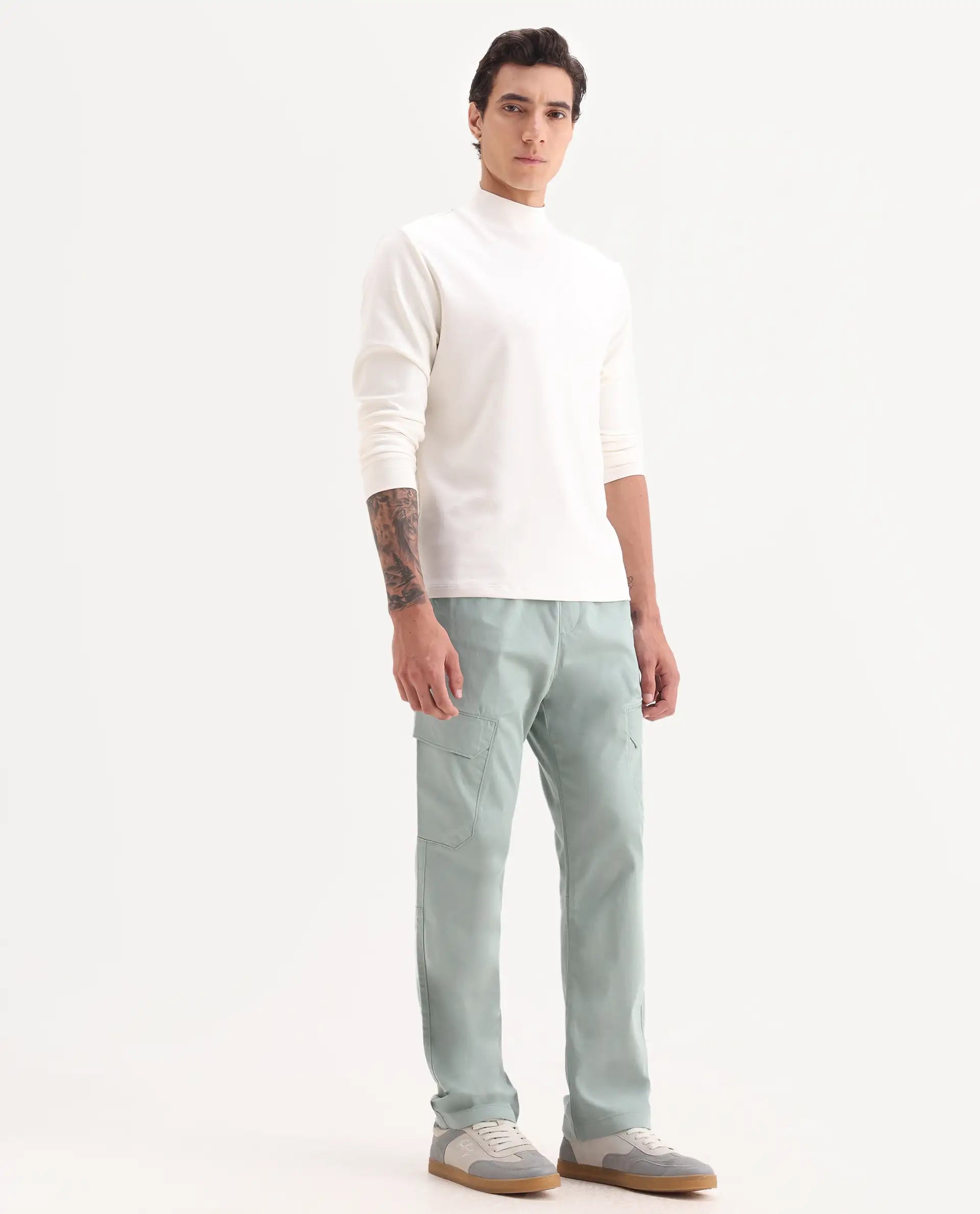 Rare Rabbit Men's Zudi Pastel Blue Cotton Plain Regular Fit Trouser