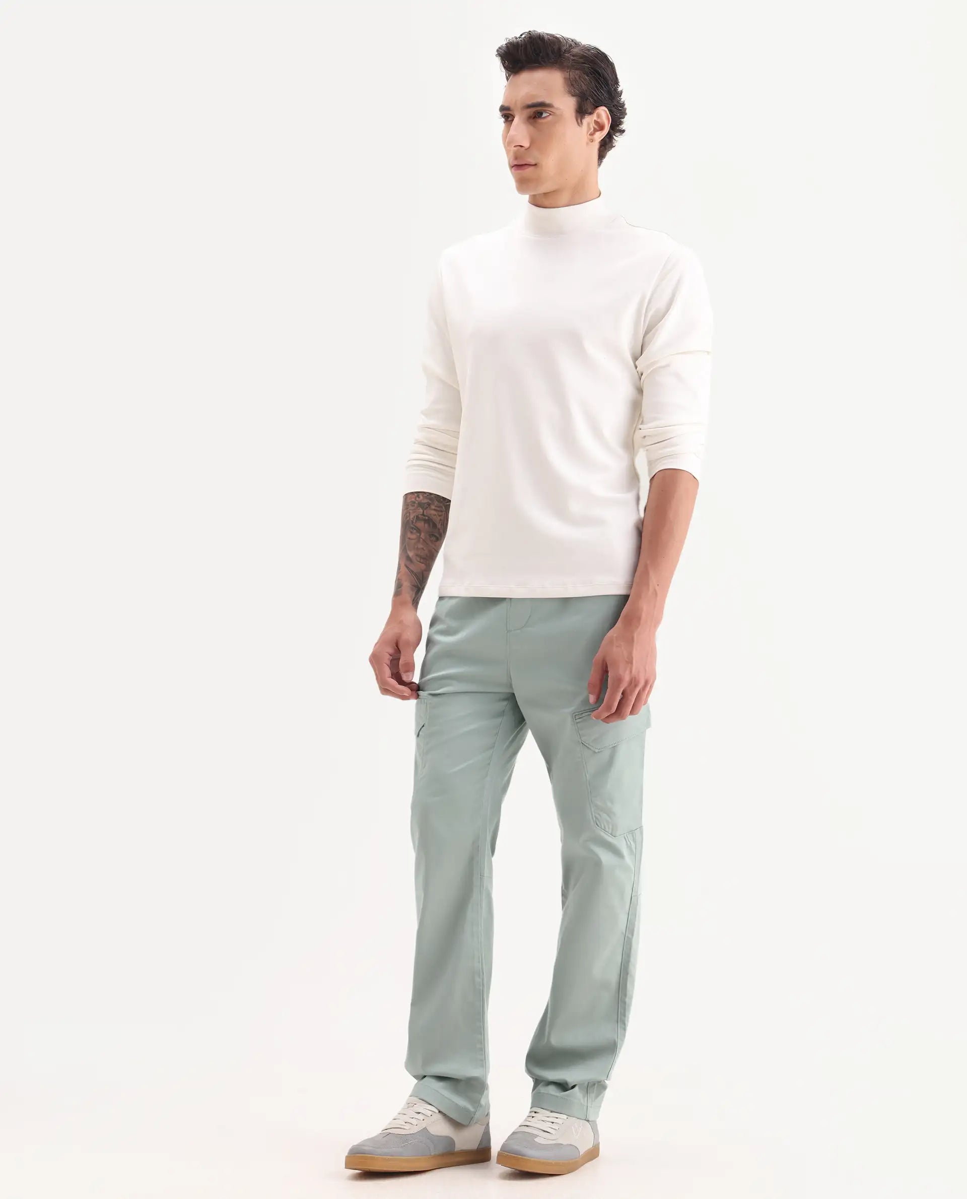 Rare Rabbit Men's Zudi Pastel Blue Cotton Plain Regular Fit Trouser