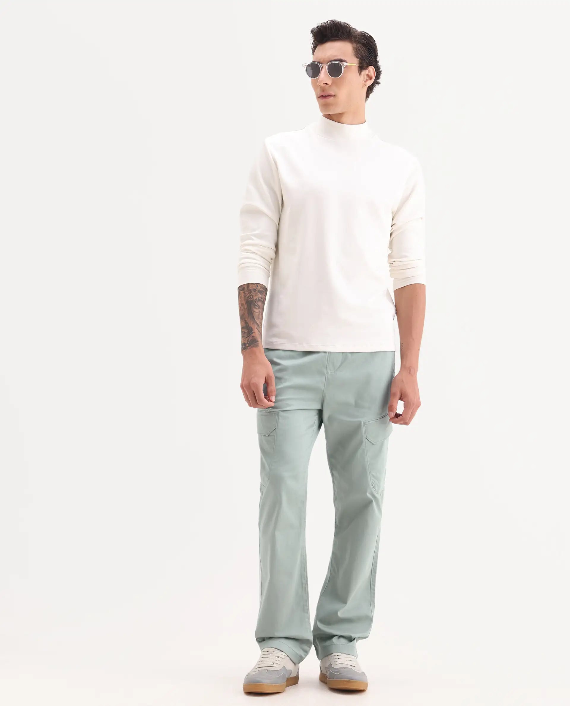 Rare Rabbit Men's Zudi Pastel Blue Cotton Plain Regular Fit Trouser