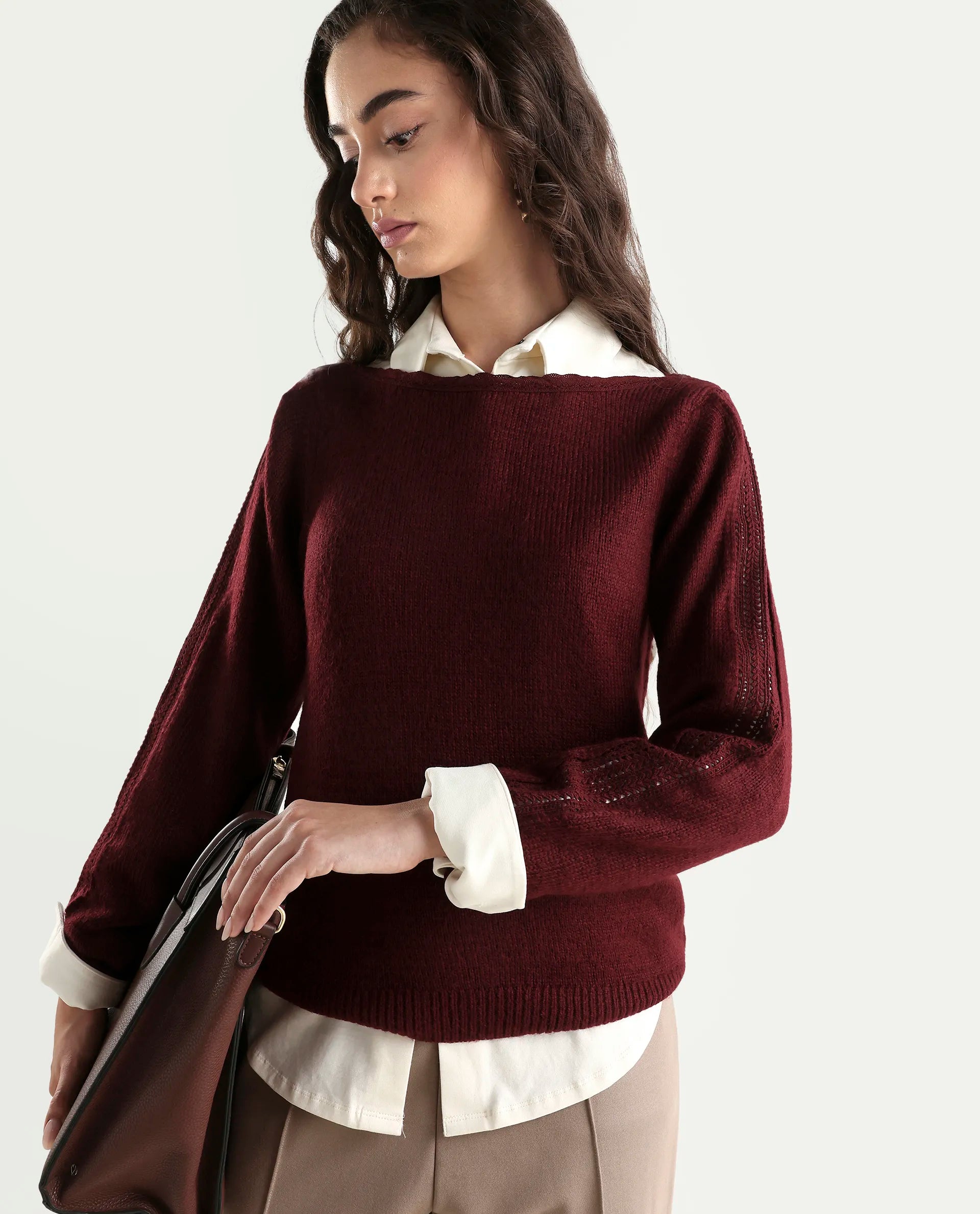 Rareism Women's Zula Dark Maroon Acrylic Blend Boat Neck Relaxed Fit Plain Sweater