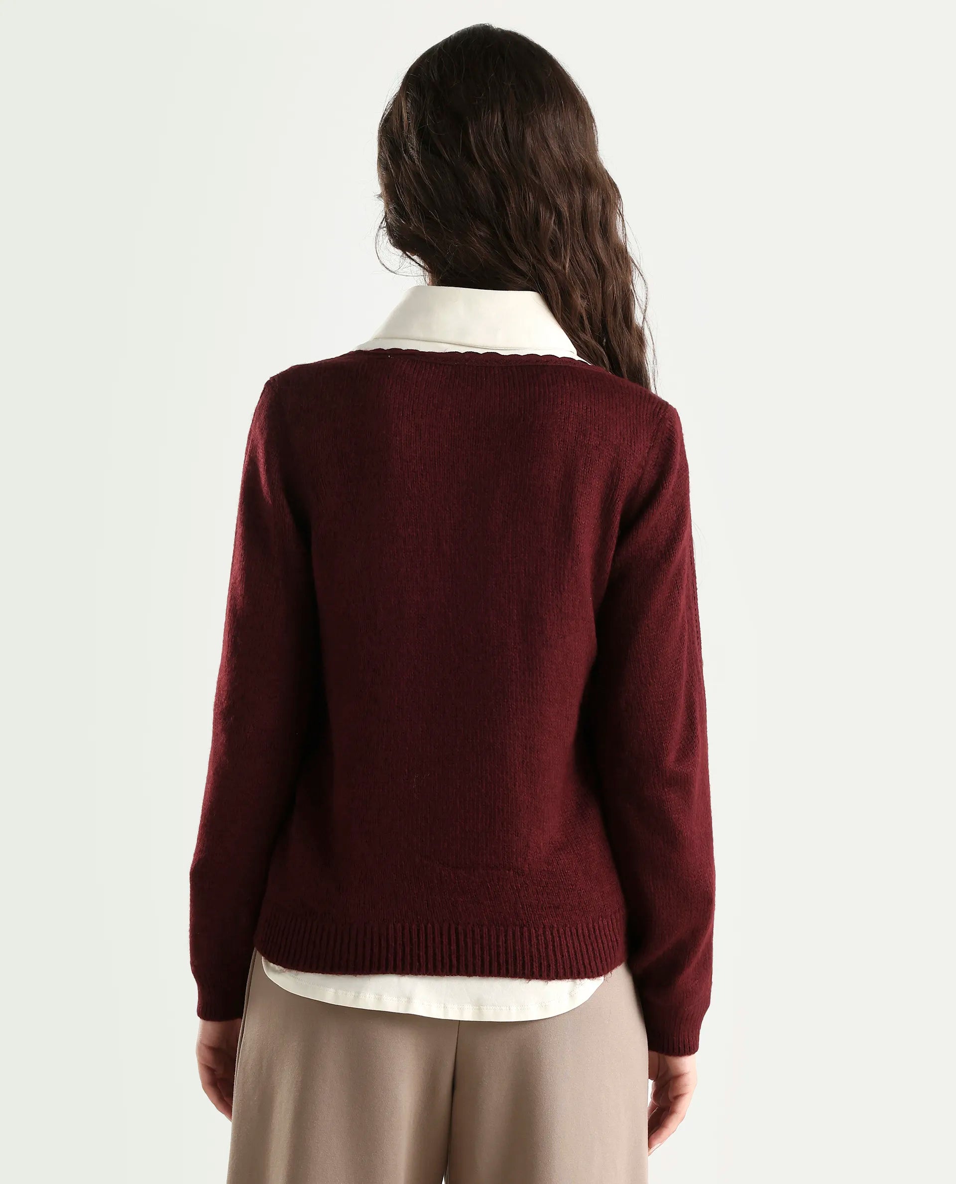 Rareism Women's Zula Dark Maroon Acrylic Blend Boat Neck Relaxed Fit Plain Sweater