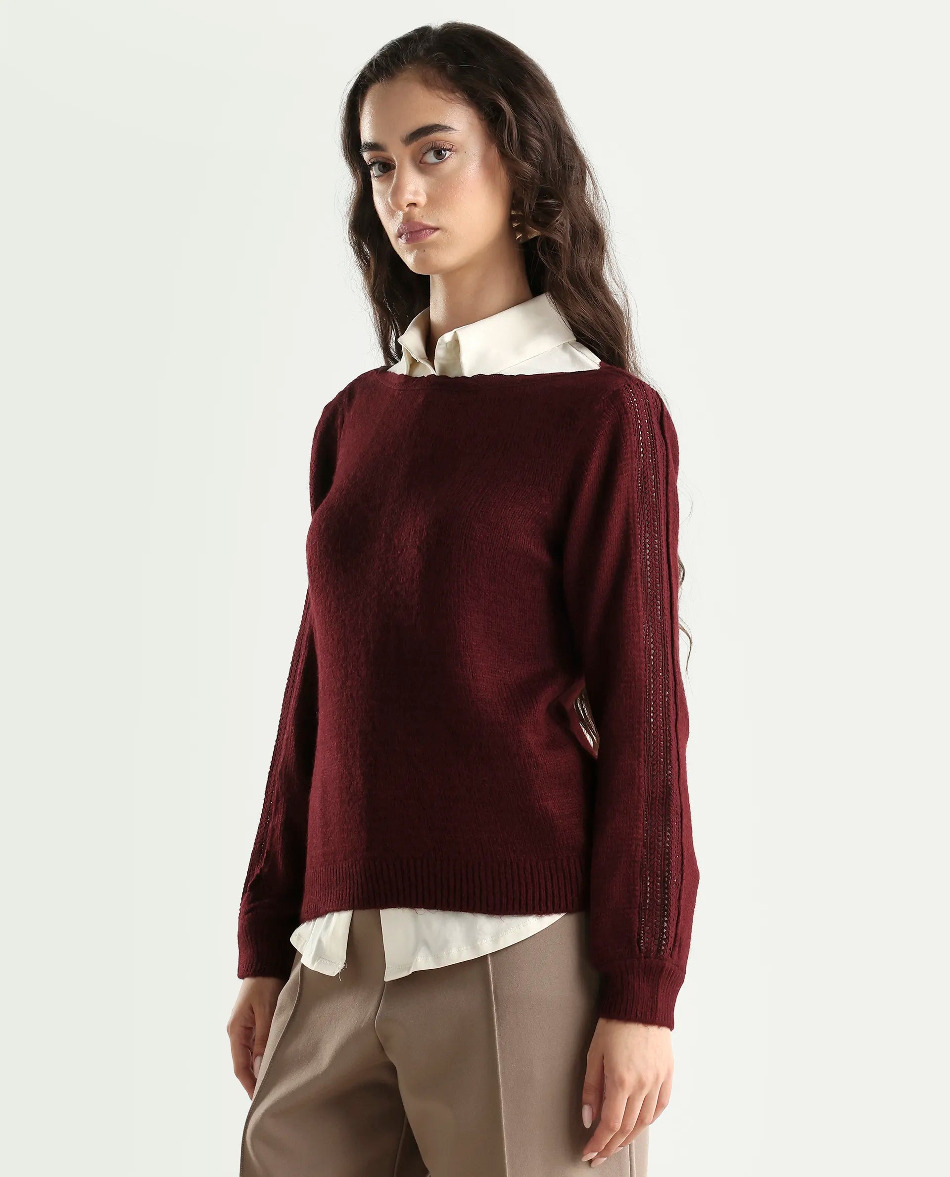 Rareism Women's Zula Dark Maroon Acrylic Blend Boat Neck Relaxed Fit Plain Sweater
