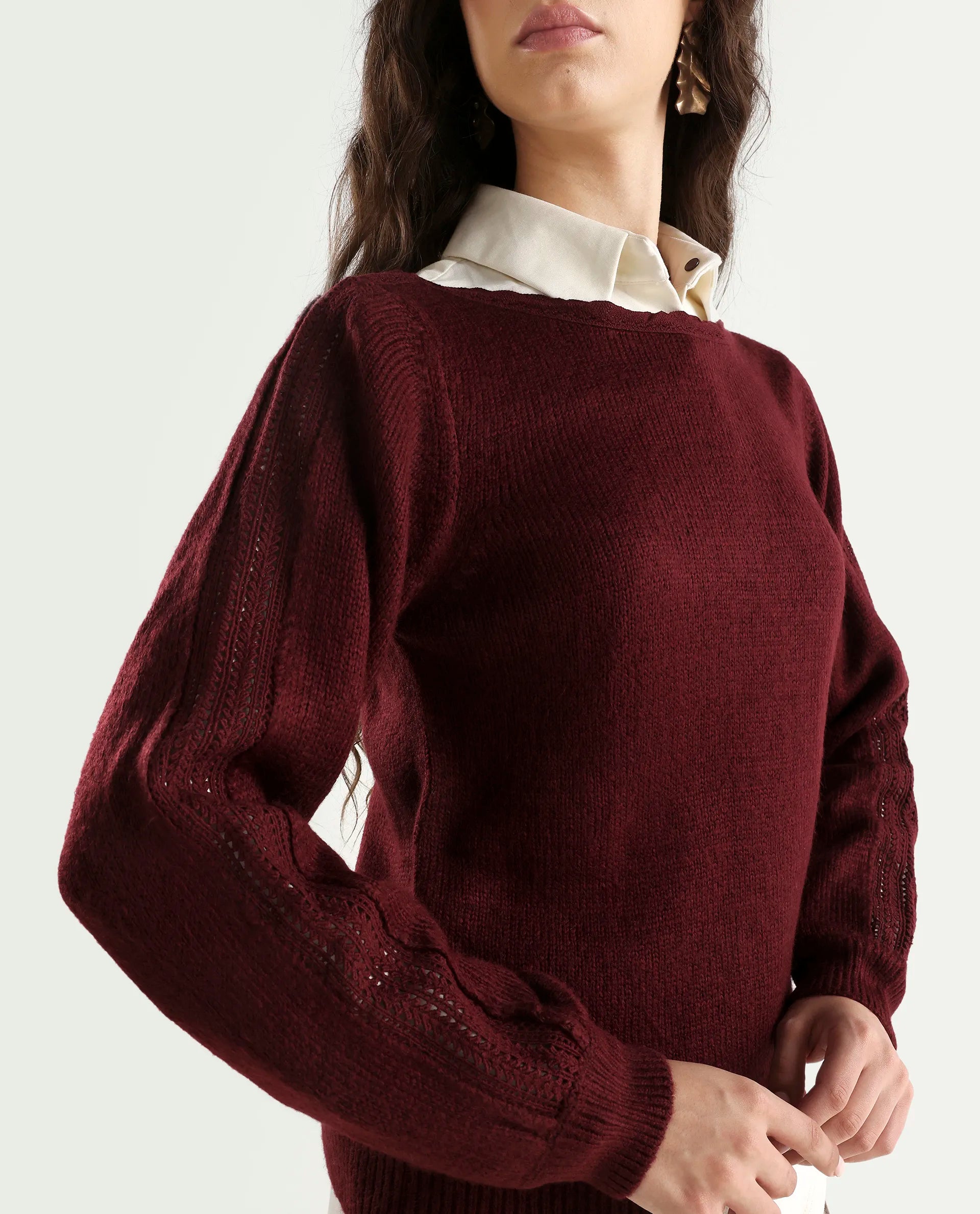Rareism Women's Zula Dark Maroon Acrylic Blend Boat Neck Relaxed Fit Plain Sweater