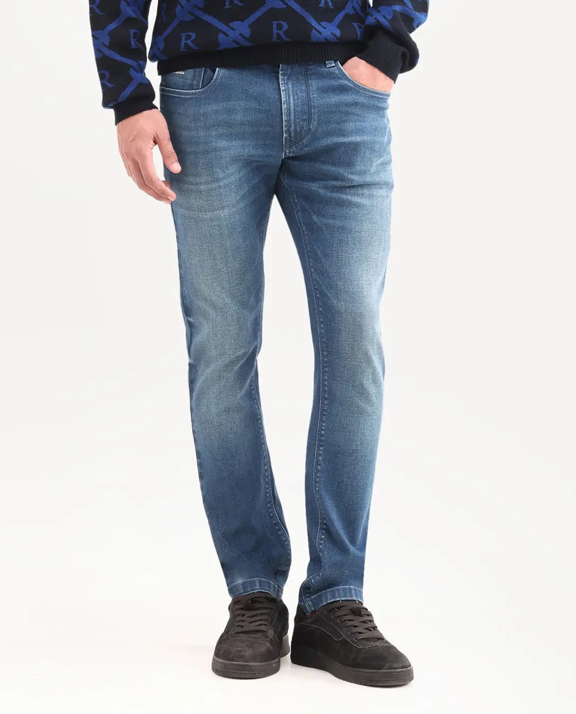 Rare Rabbit Men's Zuno S Blue Cotton Blend Fabric Shank And Zipper Hawk Slim Plain Jeans