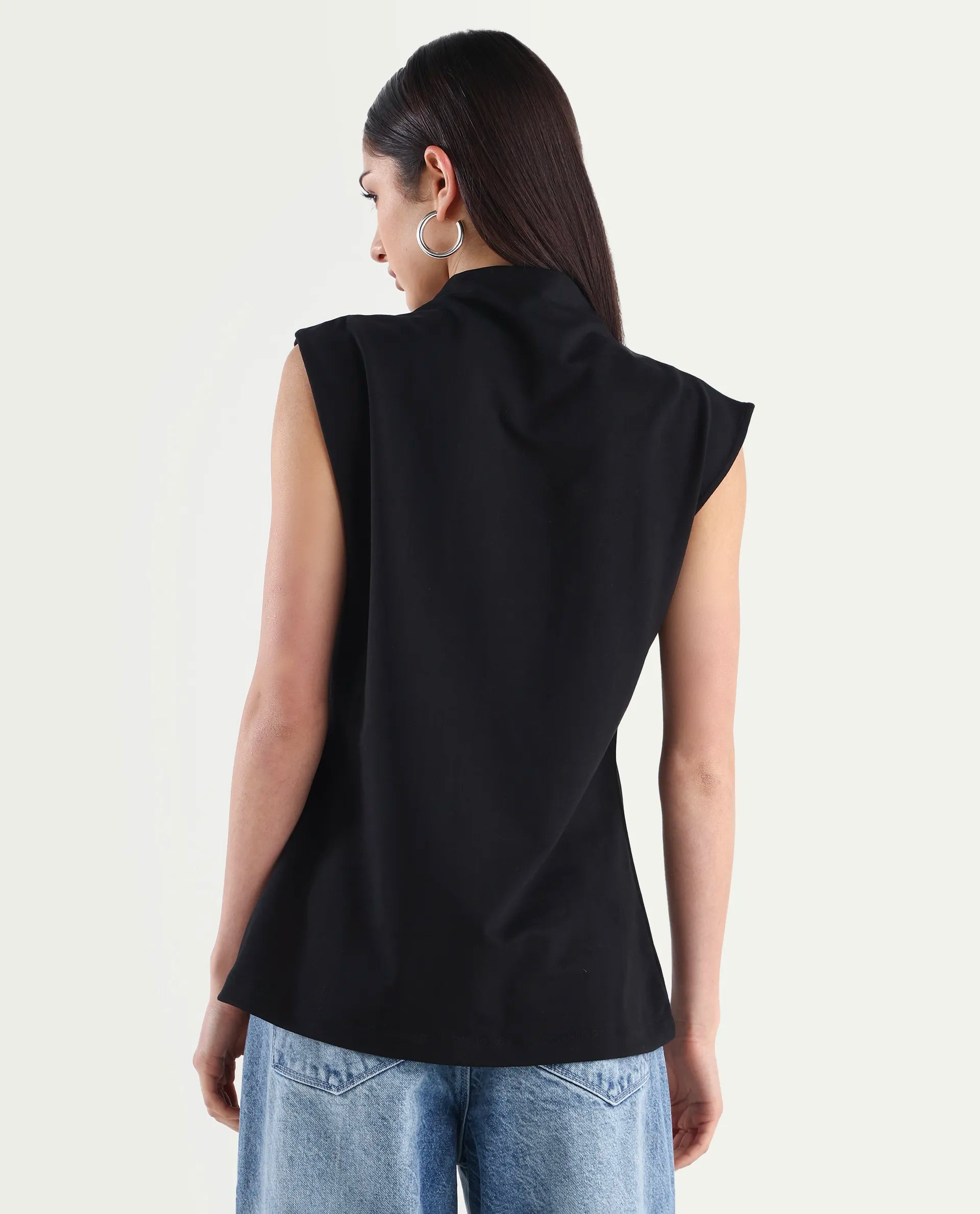 Rareism Women's Zuria Black Cotton Blend High Neck Dyed Extended Sleeves Relaxed Fit Sweatshirt